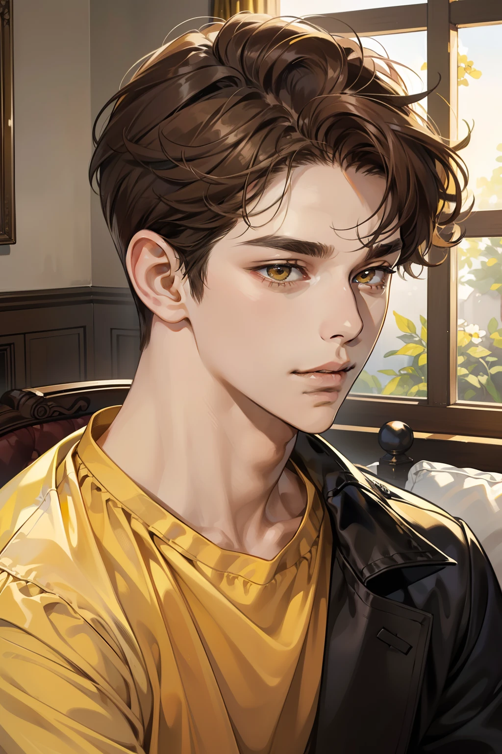 masterpiece, best quality, realistic, 1man, mature male, quiet and charming young man, , adorable, closed mouth, portrait, extremely detailed face, soft smile, ((dark amber eyes)), ((short-sides-swept curly light brown hair)), [thick eyebrows], living-room, ((yellow shirt))