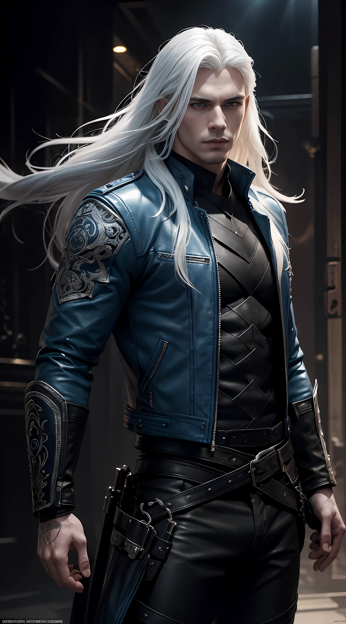 a handsome 25 years old male mercenary with long white hair, pale skin, serious looking, wearing a blue long leather jacket and black pants, waist up shot, dynamic pose, ambient lighting, photo realism, intricate face detail, intricate hand details, highly detailed, vibrant colors, cinematic, high definition, trending on Artstation--style raw