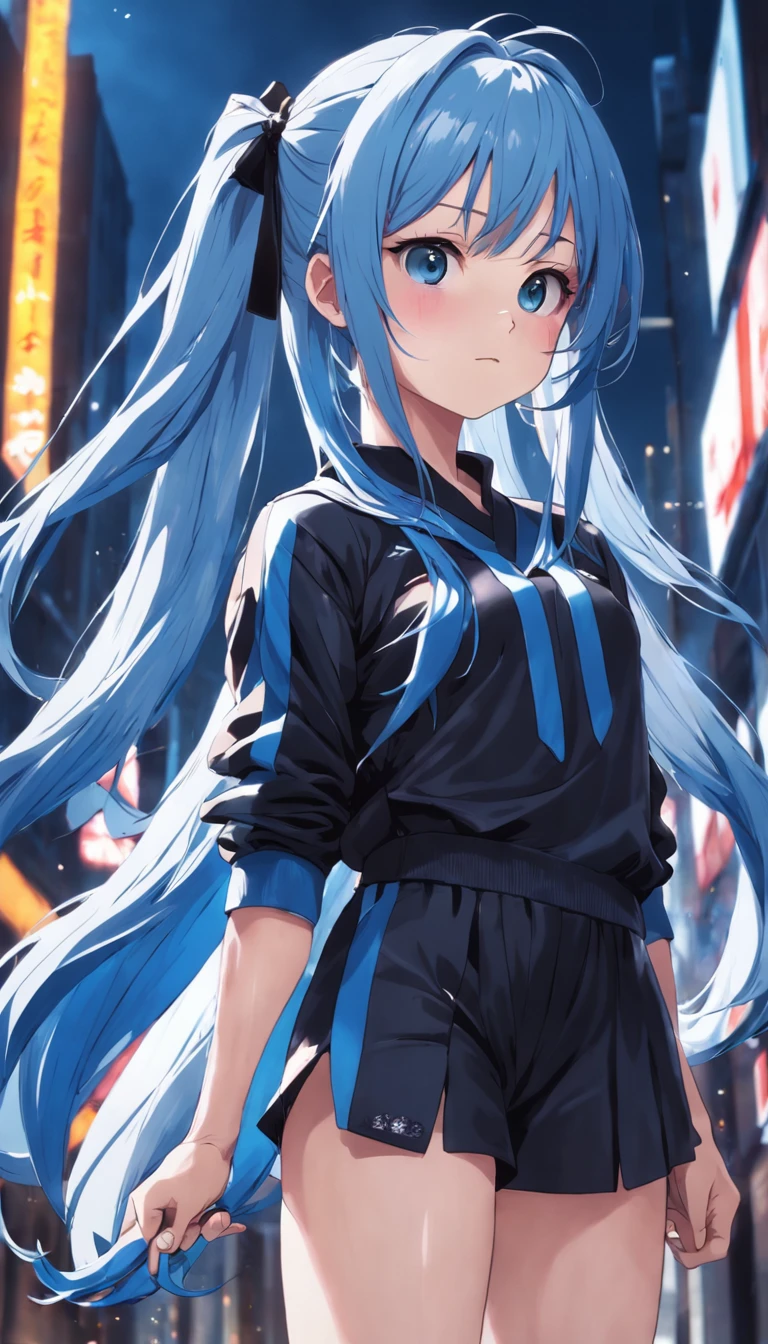 s girl，Facial maturity，Handsome，blue hairs，Jellyfish head，Height 165，The whole body is covered with black bandages，Sportswear in black and blue tones