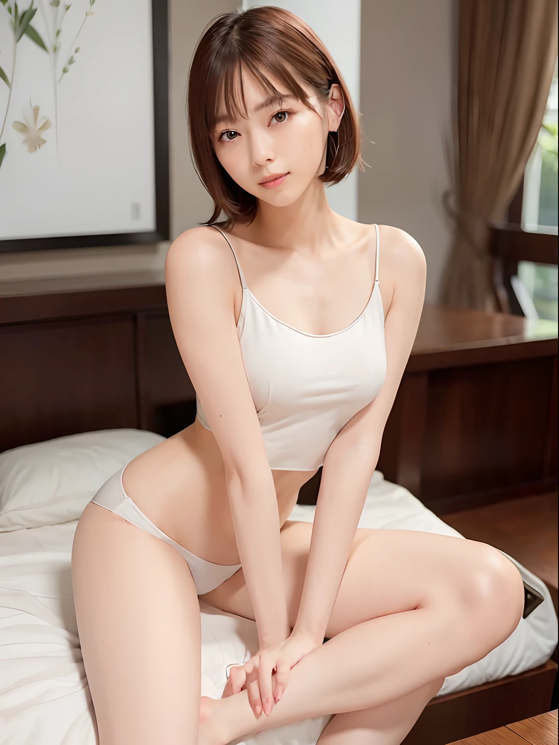 top-quality、8K、profetional lighting、Pretty Woman、Precision Hair、Beautiful and delicate skin、Shiny skin、no-makeup、A slender、light skinned、tiny chest、Shorthair、White camisole、White underwear、细致背景、opens legs、knees up、M-shaped legs、luxury hotel、Sit on the bed