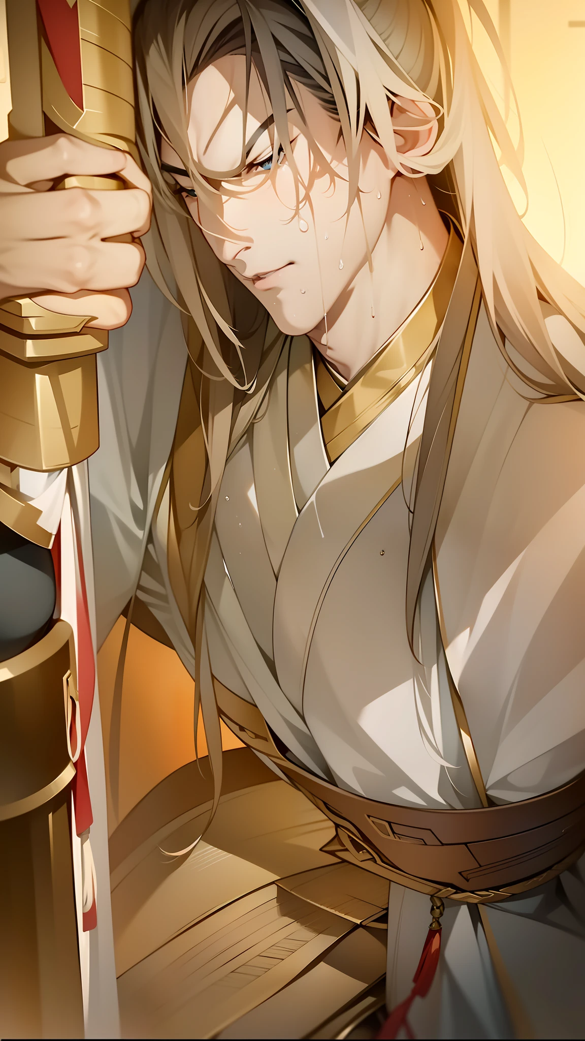 Two-dimensional, anime style, man (male warrior), muscle, correct proportions, face details, martial arts, high ponytail hairstyle, sweating, sweaty face, drooling, neck details, with Adam's apple, wet, wet, Hanfu costume, long robe, embroidered robe, dragon robe, clothing details, collar, long sleeves, game quality, swordsman demeanor, light and shadow tracing, ray tracing, detail glow, CG rendering, hair details, long black hair, golden eyes, sweaty face, handsome, handsome, sweat beads slipping down the neck, (juvenile feeling), complex clothing, wet, wet, perfect composition, refinement, high quality, more details, a lot of details, complex background, atmosphere,