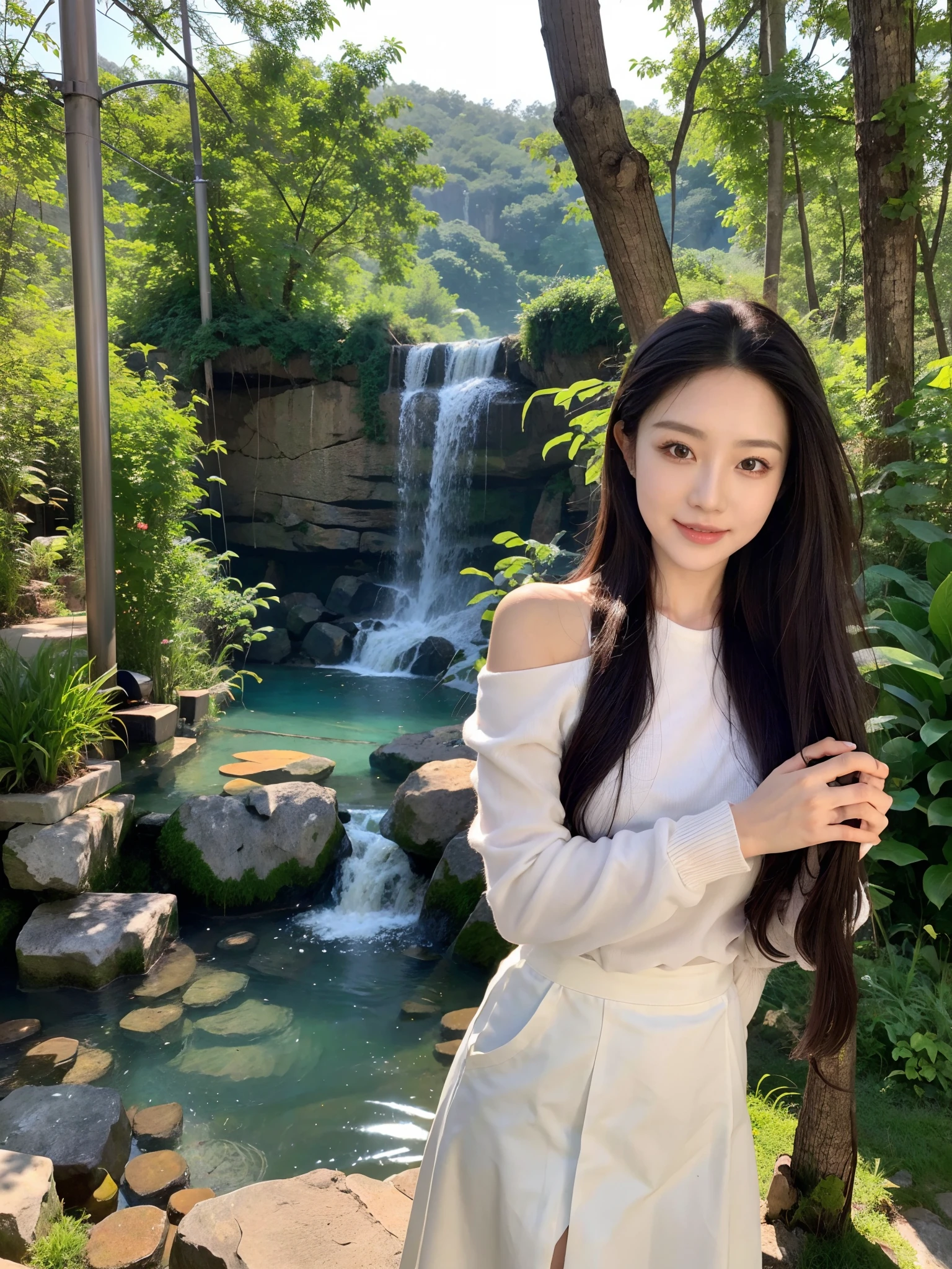 masterpiece, best quality，8k, ultra highres，Reallightandshadow，Cinema lenses，(beautidful eyes:1.1)， ((中景 the scene is，The upper part of the body)) ，in the forest, the gentle goddess stands with a blooming flower。Her long hair fell like a waterfall on her shoulders，A gentle breeze ruffled her hair，Blowing the hem of her skirt。Smile and enjoy nature's bounty。