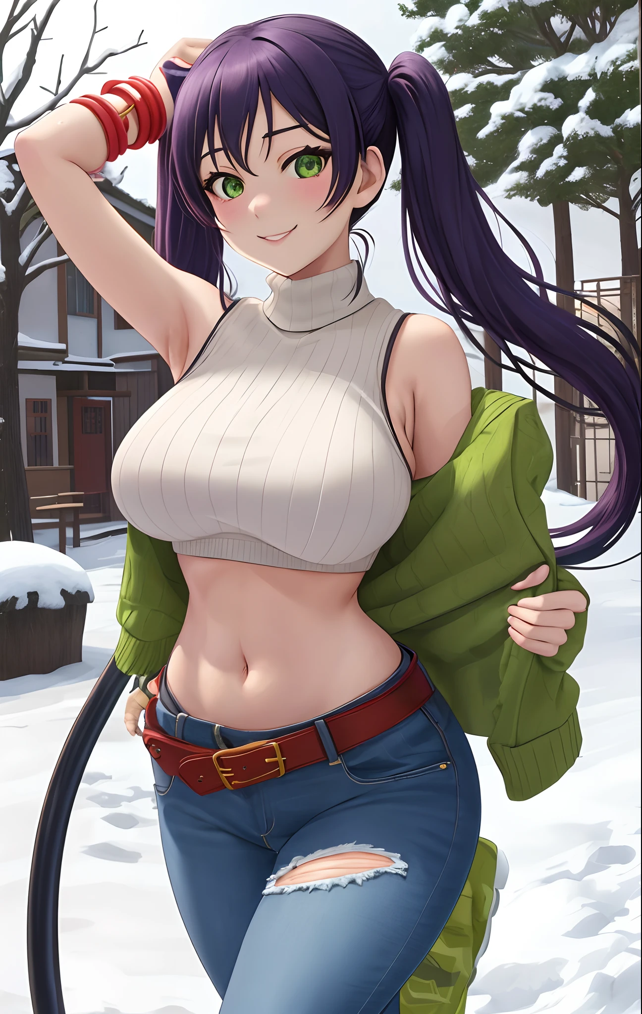Toujo nozomi, green eyes, twintails, sweater, sleeveless,midriff,(sexy navel),red moist navel,denim pants,belt, hips, llchar,big breasts, outdoors, walking, breasts bouncing,snow