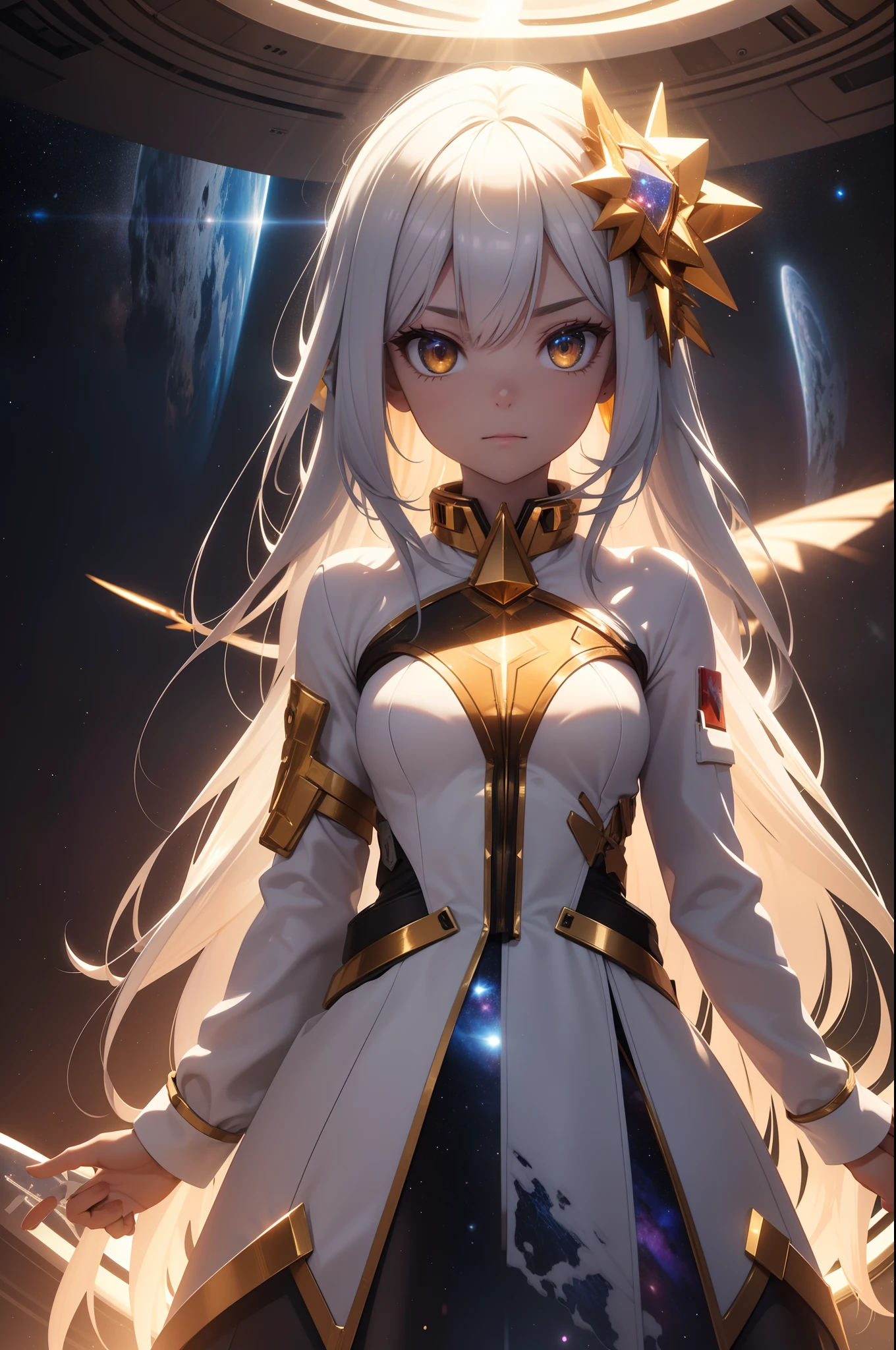 Absurd resolution, high resolution, (masterpiece: 1.4), super detail, a girl, very long straight hair, silver hair colorful, big yellow crystal eyes, seductive face, determined face, from above, space, flying in the space, no G, (flyting space girl), ISS space center, looking to the viewers, spacesuit, big blue earth in the back, sun rising from behind the earth, shining, sunlight, fractal art, (((3D))), white shining metal space suite with amber color line, shining