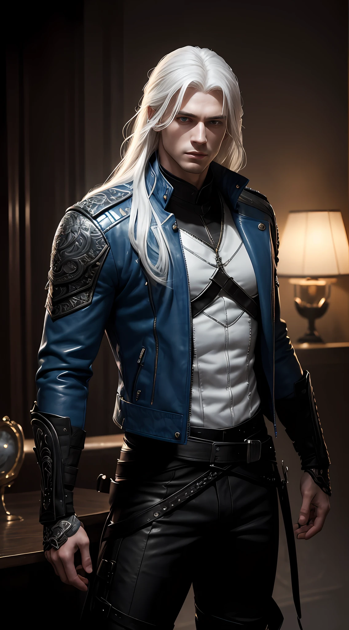 a handsome 25 years old male mercenary with long white hair, pale skin, serious looking, wearing a blue long leather jacket and black pants, waist up shot, dynamic pose, ambient lighting, photo realism, intricate face detail, intricate hand details, highly detailed, vibrant colors, cinematic, high definition, trending on Artstation--style raw