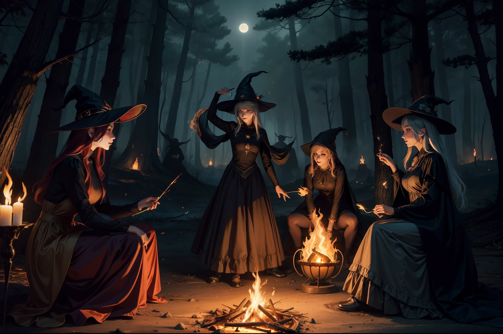 A group of witches dancing dynamically  around a camp fire. They wear ponty hats and multilayered dresses made in colourful but dark satin. Dark magic foggy forest as background. Illuminated by fire, fireflies and moonlight. Dynamic scene.