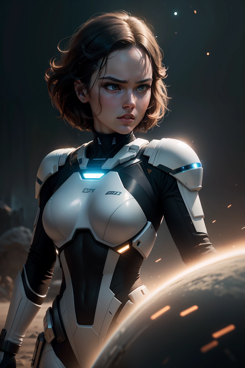 a close up action of epic Sci fi hot Daisy Ridley in a sci fi tech suit clothes cabelos longos brancos, Detailed clothing details, Liquid effect, space, heavenly body, Interstellar battlefield photography, natural light, photorealism, cinematic rendering, ray tracing, the highest quality, the highest detail, Cinematic, Third-Person View, Blur Effect, Long Exposure, 8K, Ultra-HD, Natural Lighting, Moody Lighting, Cinematic Lighting
