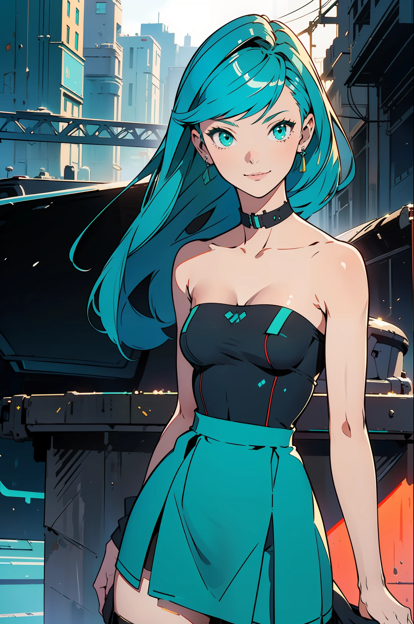 ((Best Quality)), ((Masterpiece)), ((Realistic)) 19 year old, redhead girl, shoulder length hair, relaxed happy face ((slender)) (busty), ((( dark turquoise bodycon strapless dress ))) ((( mini skirt ))) ((sexy )) cyberpunk attire, textured pixie haircut , medium shot. beautiful face,