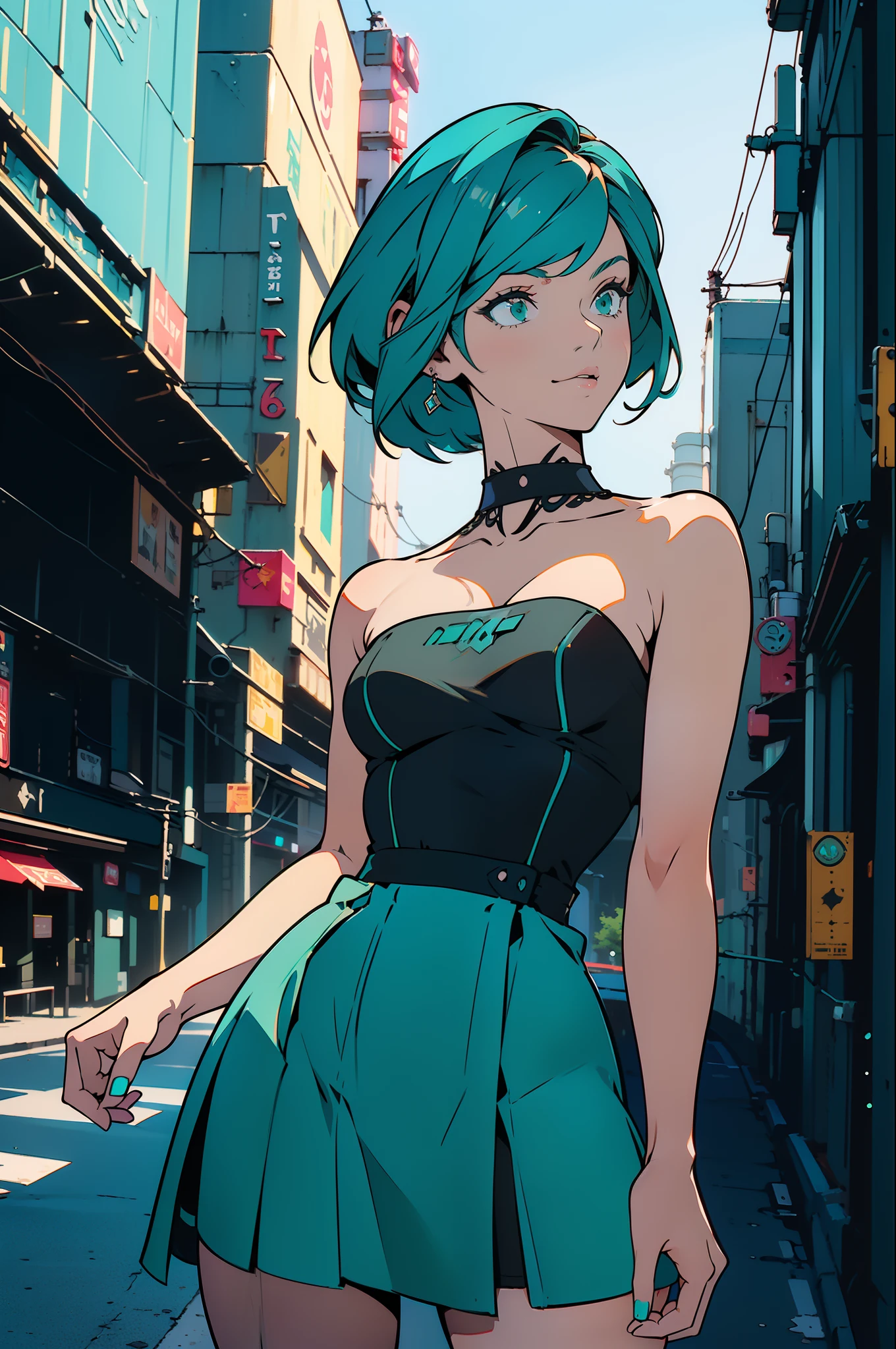 ((Best Quality)), ((Masterpiece)), ((Realistic)) 19 year old, redhead girl, shoulder length hair, relaxed happy face ((slender)) (busty), ((( dark turquoise bodycon strapless dress ))) ((( mini skirt ))) ((sexy )) cyberpunk attire, textured pixie haircut , medium shot. beautiful face,