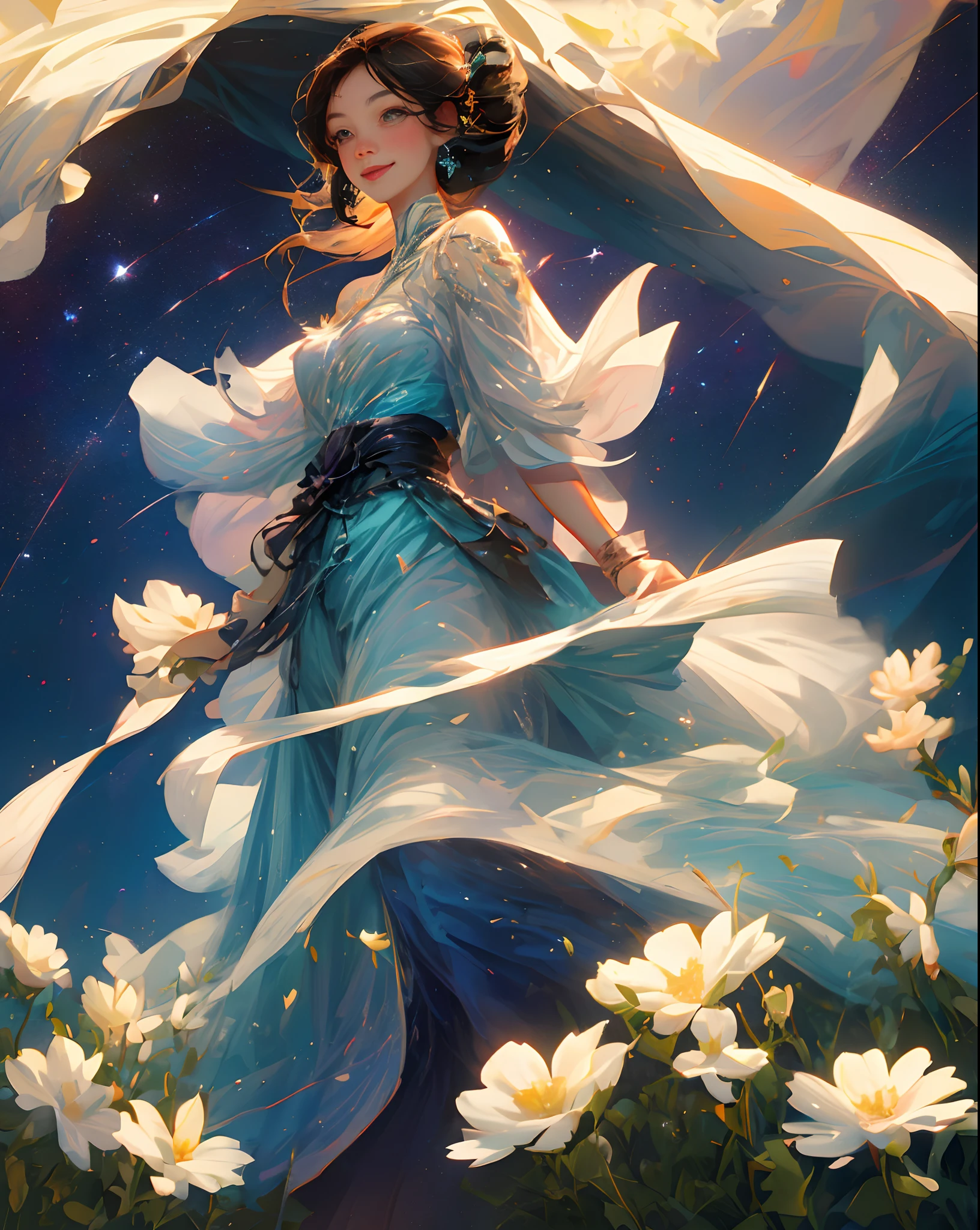 （（Best Picture Quality，Top resolution，8K））
a pretty girl，Smile at the flowers。The background is a starry sky。
Rose field，meteors，SakuraNS