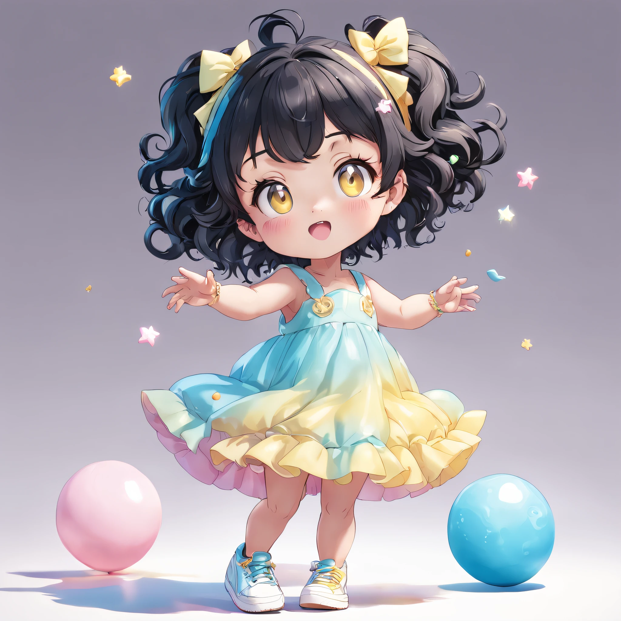 cute, chibi, , light skin, black eyes, short curly black hair, pastel yellow pink and blue party dress with candy designs, white sneakers, portrait, 3D rendering, high quality, happy, (plain background ), (perfect hands), (full body), female, 8k, smiling