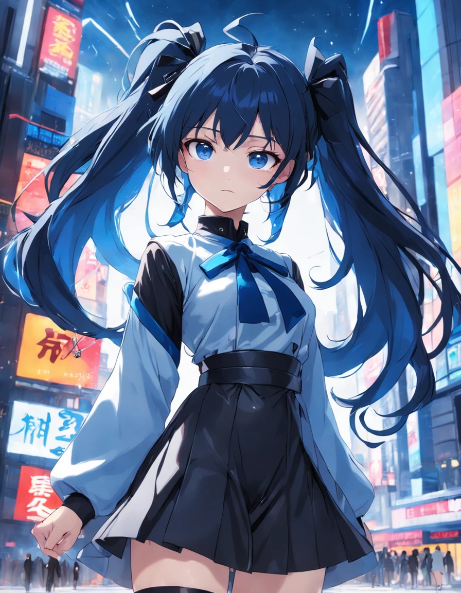 s girl,Blue hair with double ponytail,Height 165,Black ribbon,White and blue futuristic style outfits,black long sleeves,Black leg dress,blacksilk。
