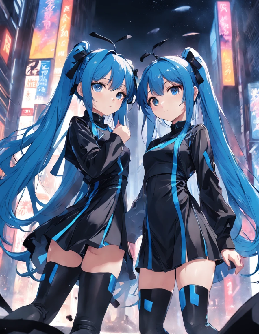 s girl，Blue hair with double ponytail，Height 165，Black ribbon，White and blue futuristic style outfits，black long sleeves，Black leg dress，blacksilk。