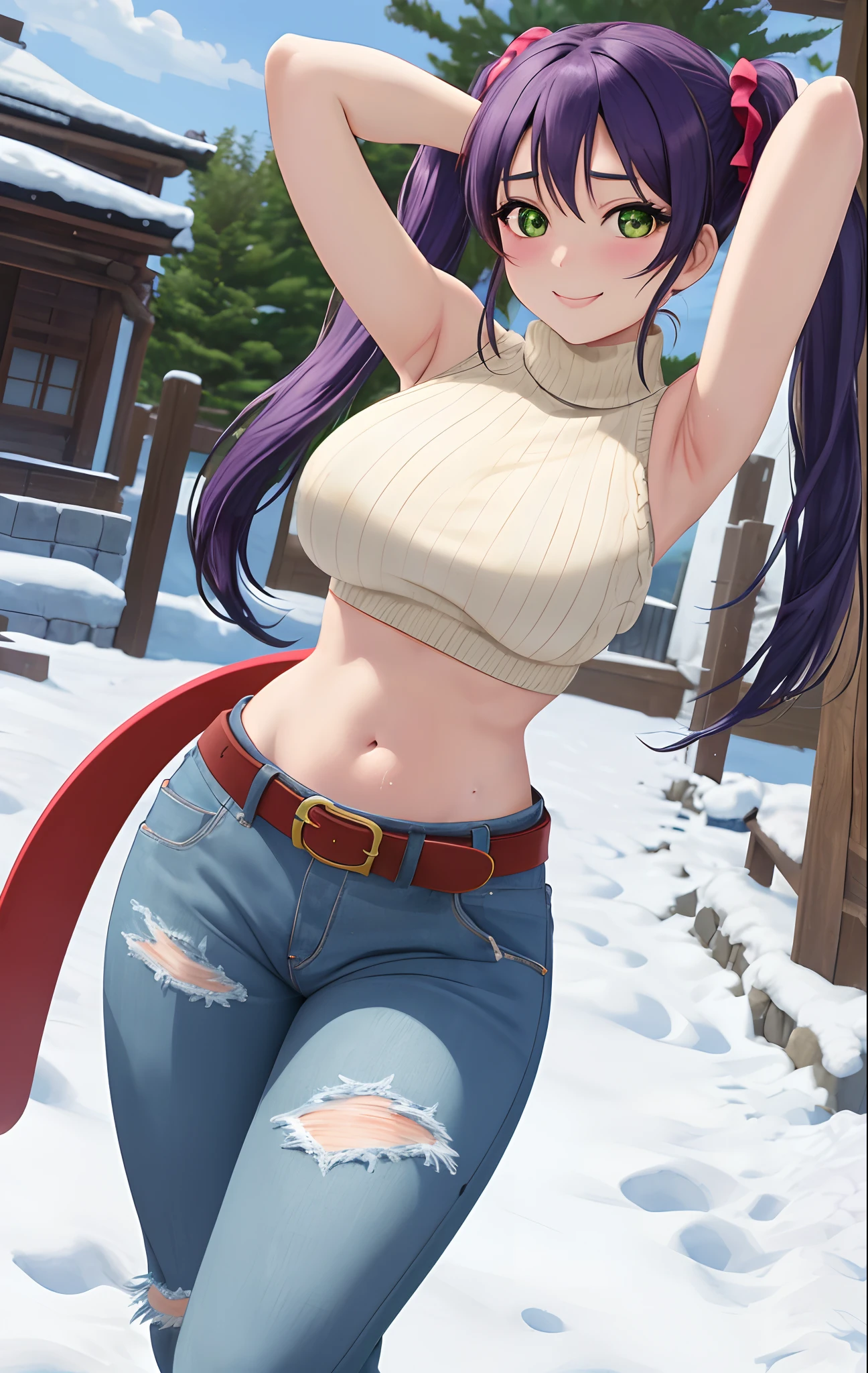 Toujo nozomi, green eyes, twintails, sweater, sleeveless,midriff,(sexy navel),red moist navel,denim pants,belt, hips, llchar,big breasts, outdoors, walking, breasts bouncing,snow, naughty smile, arms up