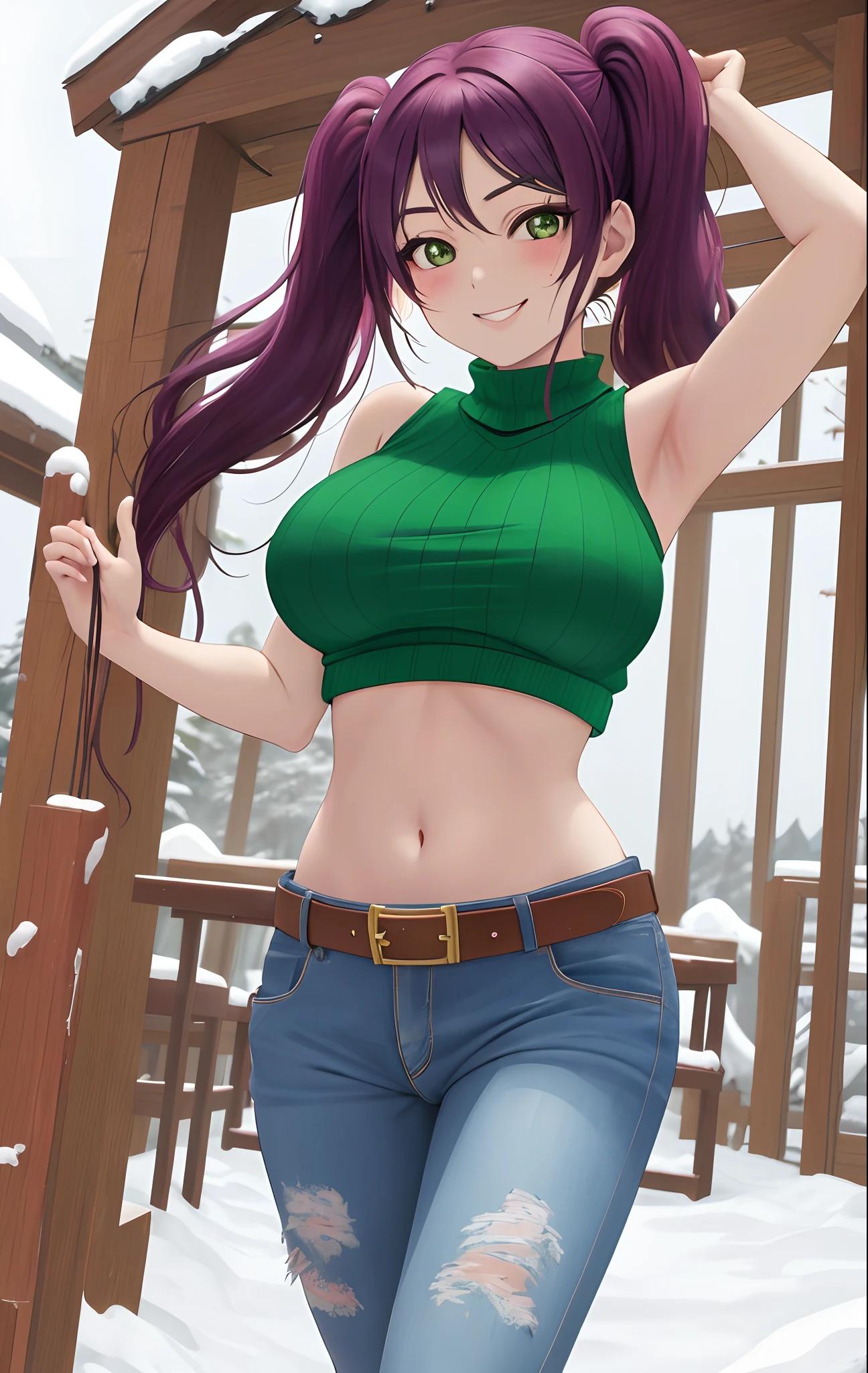 Toujo nozomi, green eyes, twintails, sweater, sleeveless,midriff,(sexy navel),red moist navel,denim pants,belt, hips, llchar,big breasts, outdoors, walking, breasts bouncing,snow, naughty smile, arms up