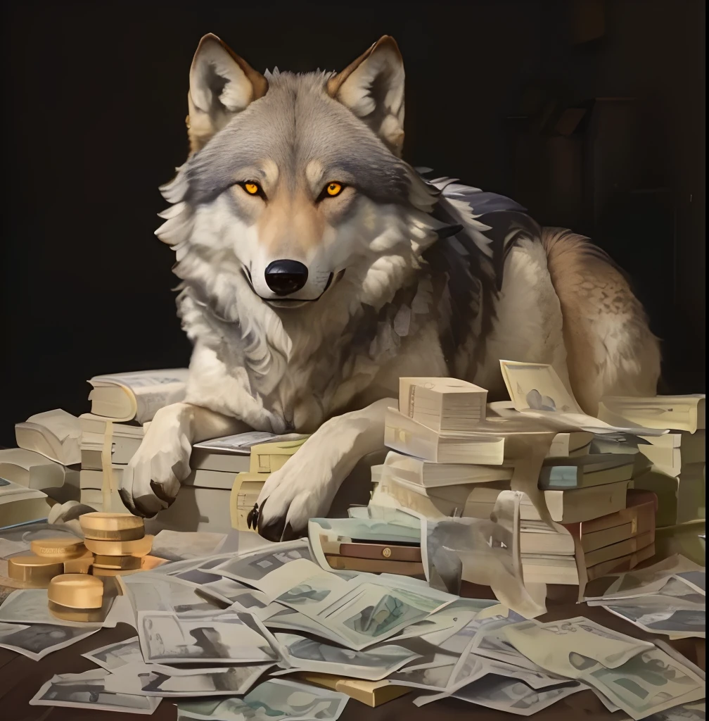 Arafed Wolf liegt auf einem Haufen Geld, Wolves and their treasures, seinen Reichtum zur Schau stellen, von Jason Benjamin, John Banovich, Heather Theurer, von Wolf Huber, von Dan Christensen, von Min Zhen, Unerbittlich detailliert, von Dechko Uzunov, von Drew Tucker, Hyper-Realist, von Howard Lyon, serious business