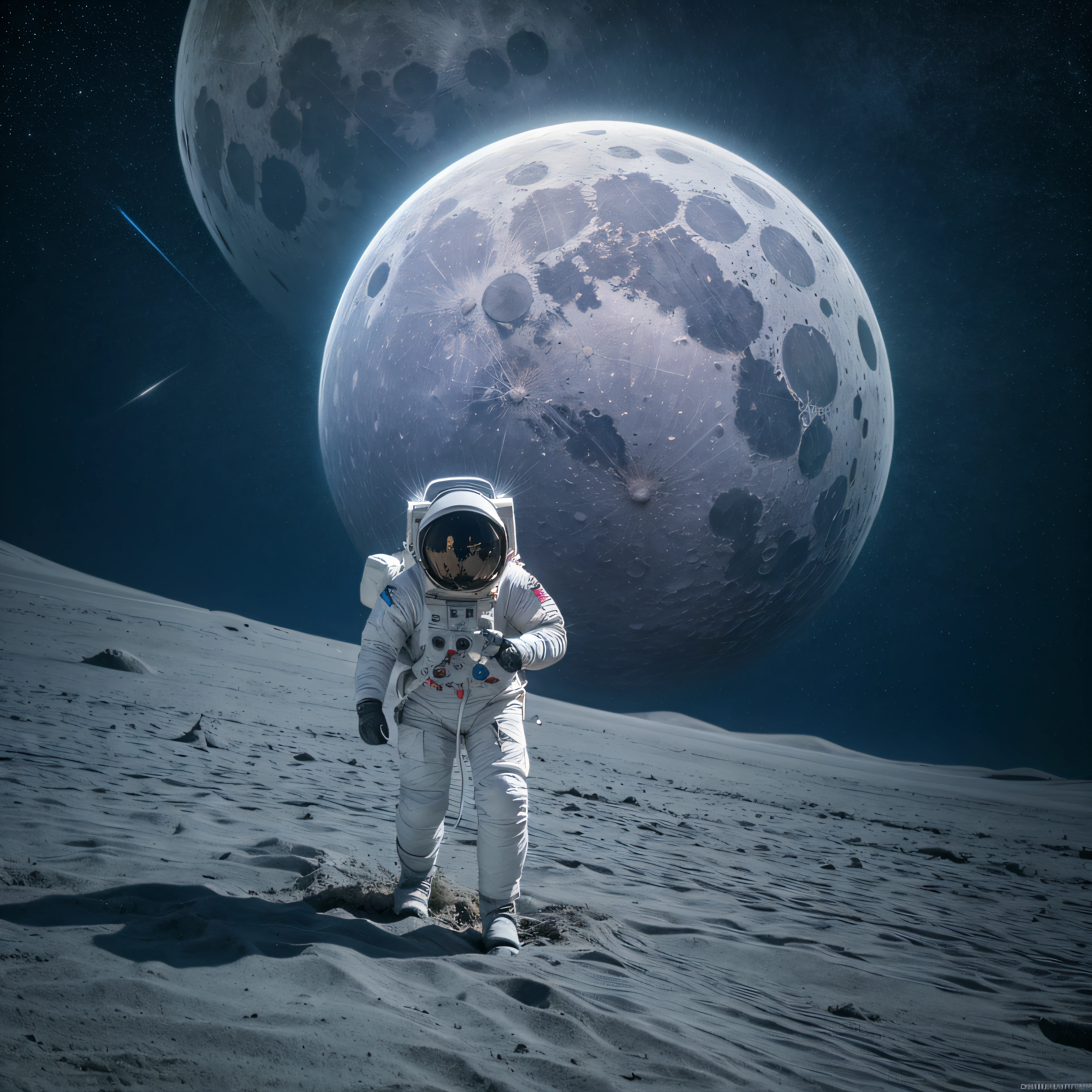 (two astronauts:1.2),(Nasa inspired space suit:1.1),action pose,blurred bokeh,(moon in background:1.2),(space station:0.8),cosmic view, suspenseful, epic. --auto