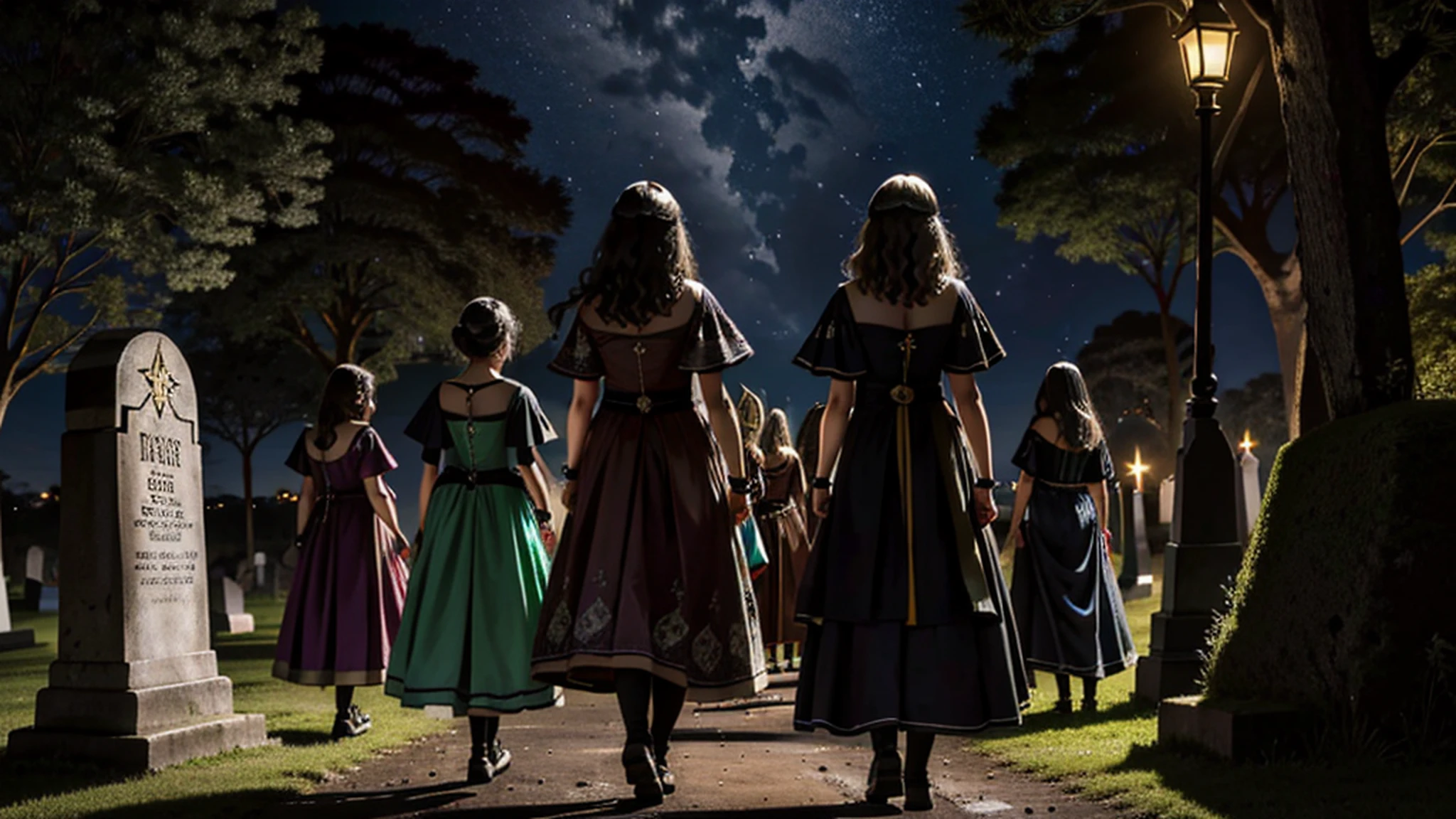 (magia escura:1.2), graveyard, lua cheia, luz da lua, feixes de luz, noite, (detalhes intrincados), (hiperdetalhado), 8k hdr, 1 menina, cabelo preto longo, com vestido de tule vermelho, embelezamento de lantejoulas douradas nas roupas, butterfly-shaped pattern on clothes, um grande grupo de borboletas ao seu redor, noite, vaga-lumes