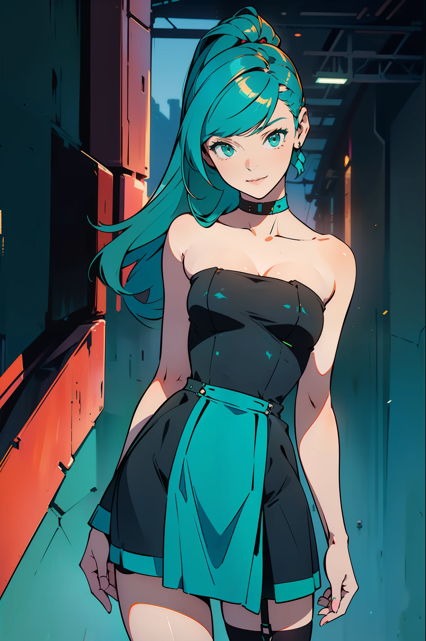 ((Best Quality)), ((Masterpiece)), ((Realistic)) 19 year old, redhead girl, shoulder length hair, relaxed happy face ((slender)) (busty), ((( dark turquoise bodycon strapless dress ))) ((( mini skirt ))) ((sexy )) cyberpunk attire, textured pixie haircut , medium shot. beautiful face,