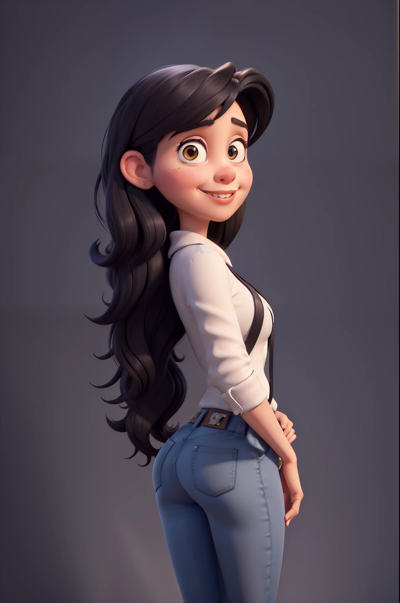 Cartoon Caricature, Adorable, woman,Big Eyes woman, Smileing,whitebackground,her hands behind her, Wear a jeans , big ass,picture from the side,looking at viewer,  intense colors, Very valuable details, complex details, volumetric lighting, digital art, 8k, trending on Artstation, Clear focus, complex details, highly detail, Greg Rutkowski Big Eyes, high-resolution, black hair