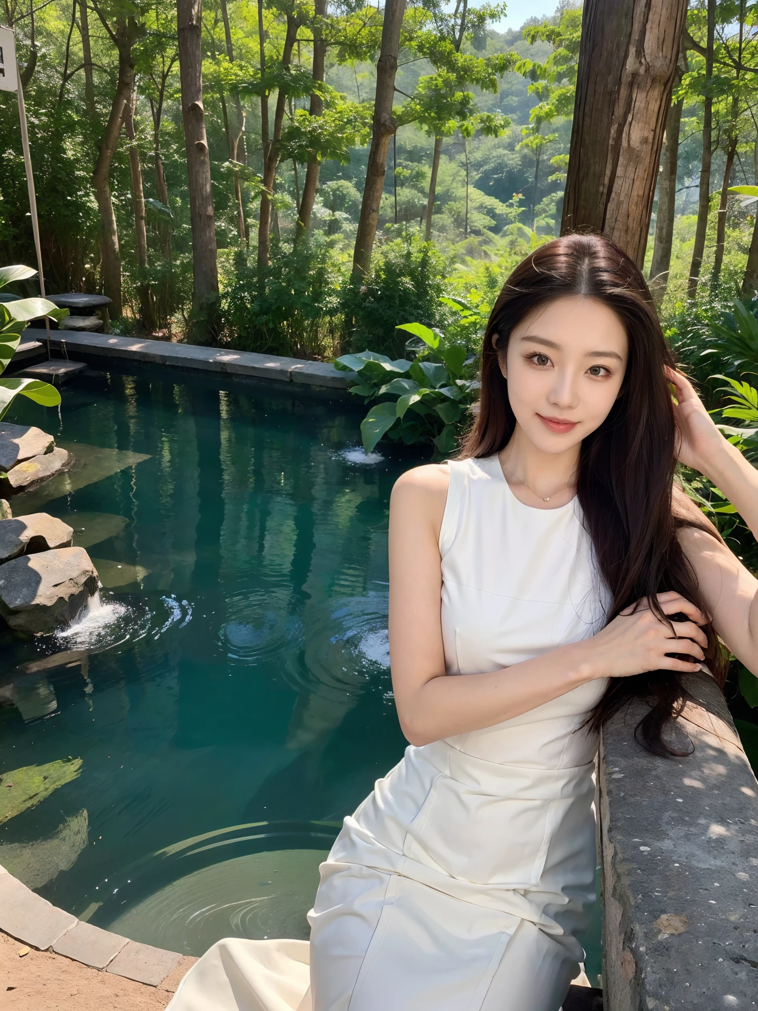 masterpiece, best quality,8k, ultra highres,Reallightandshadow,Cinema lenses,(beautidful eyes:1.1), ((中景 the scene is,The upper part of the body)) ,in the forest, the gentle goddess sits on a big stone。Her long hair fell like a waterfall on her shoulders,A gentle breeze ruffled her hair。Smile and enjoy nature's bounty。