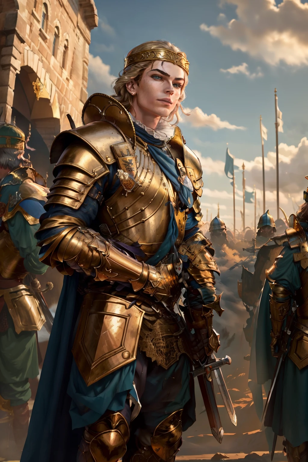 (Masterpiece, premier quality, Best quality, Art officiel, Detailed:1.2), reine_meve, debout, dehors, multiple boys, ciel, Solo Focus, nuage, cap, armure, ripped clothing, holding sword, gold armour suit , drapeau, chevalier, full armor, army, 1fille