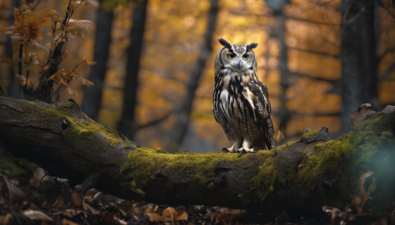 owl and fallen trees in the forest better quality, master part, ultra-highresolution, (fotografia realista:1.4), surrealismo