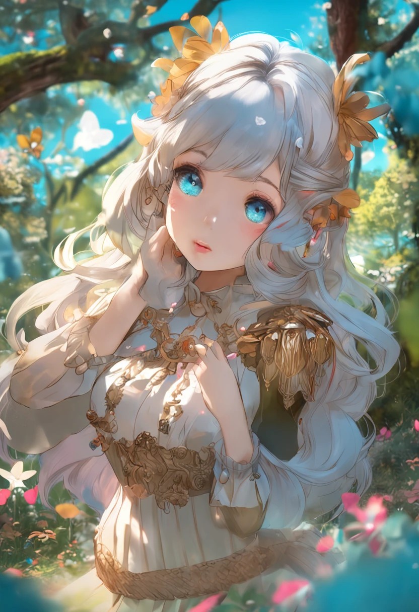 Big girls,Snow-white belly,Snow-white thighs,Long white double ponytail hair,Turquoise eyes,Lie on your back on the turquoise grass,Under the big tree。