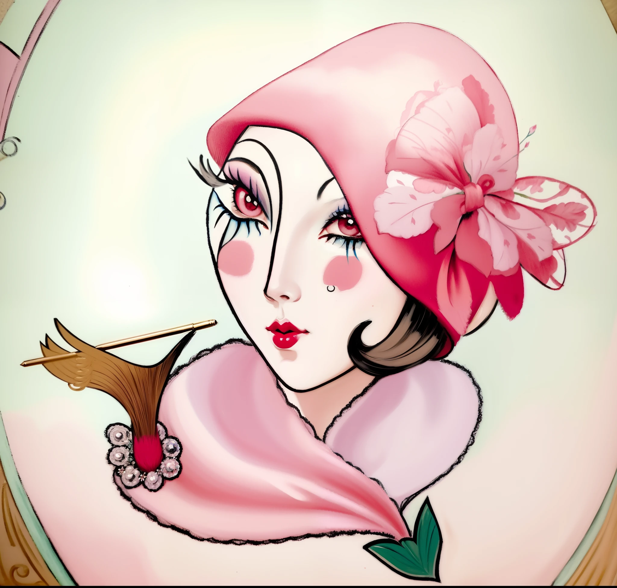 Painting of a woman with a red hat and a pink scarf, inspirado em Penny Patricia Poppycock, inspirado em Louis Anquetin, inspirado em Gerda Wegener, art deco painting, inspirado em Mab Graves, pintura estilizada, inspirado em Marcelle Bergerol, inspirado em Yvonne Jacquette, inspirado em Eileen Aldridge, inspirado em George Barbier