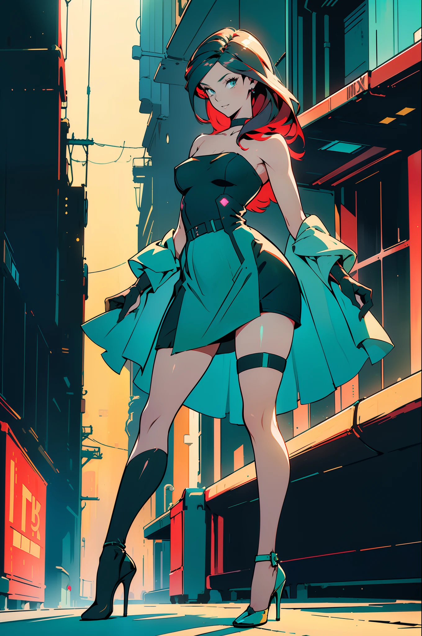 ((Best Quality)), ((Masterpiece)), ((Realistic)) 19 year old, redhead girl, shoulder length hair, relaxed happy face ((slender)) (busty) ((long legs)) ((high heels)) ((( dark turquoise bodycon strapless dress ))) ((( mini skirt ))) ((sexy )) cyberpunk attire, textured pixie haircut , full shot. beautiful face,