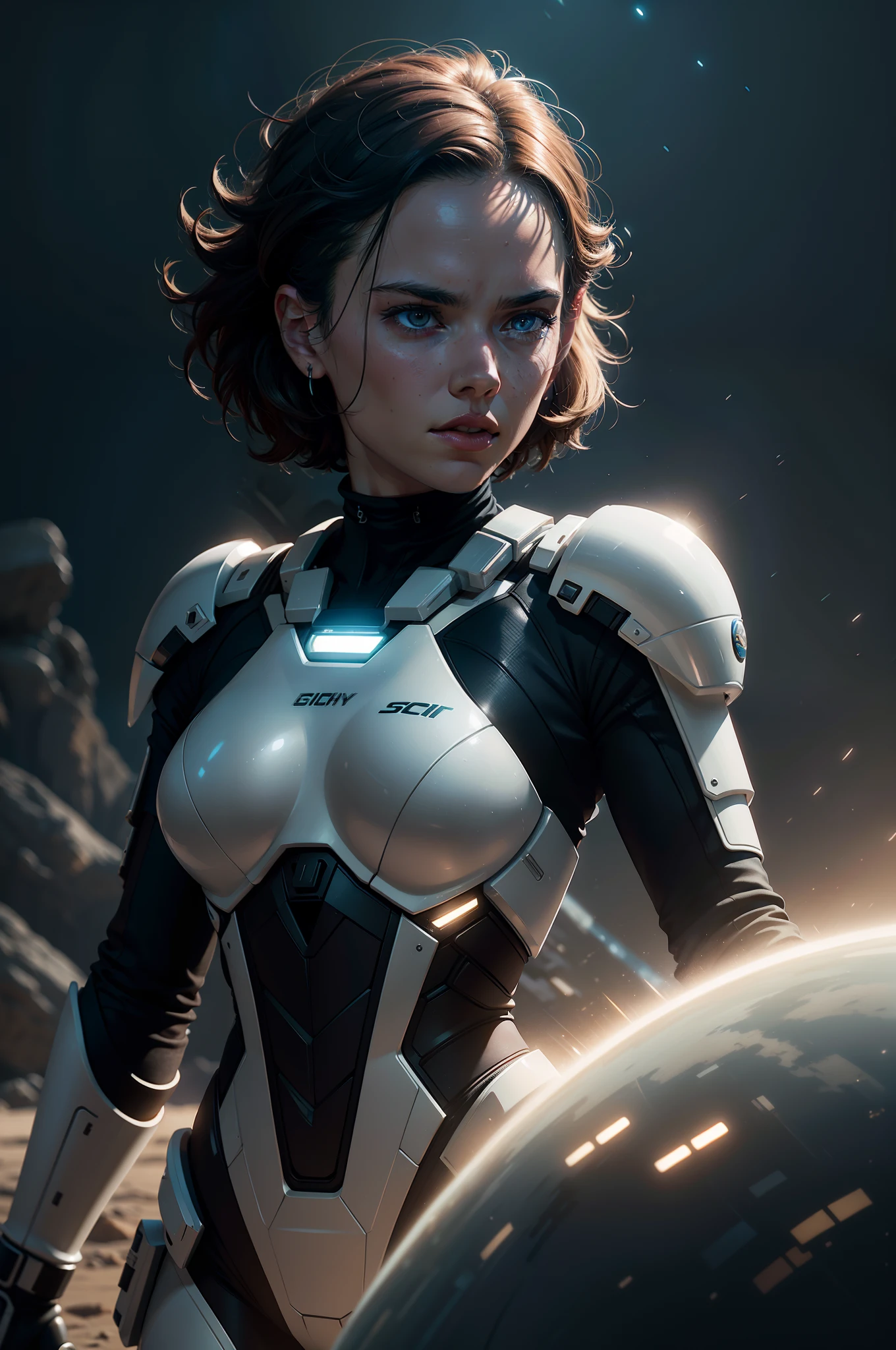 a close up action of epic Sci fi hot Daisy Ridley in a sci fi tech suit clothes cabelos longos brancos, Detailed clothing details, Liquid effect, space, heavenly body, Interstellar battlefield photography, natural light, photorealism, cinematic rendering, ray tracing, the highest quality, the highest detail, Cinematic, Third-Person View, Blur Effect, Long Exposure, 8K, Ultra-HD, Natural Lighting, Moody Lighting, Cinematic Lighting