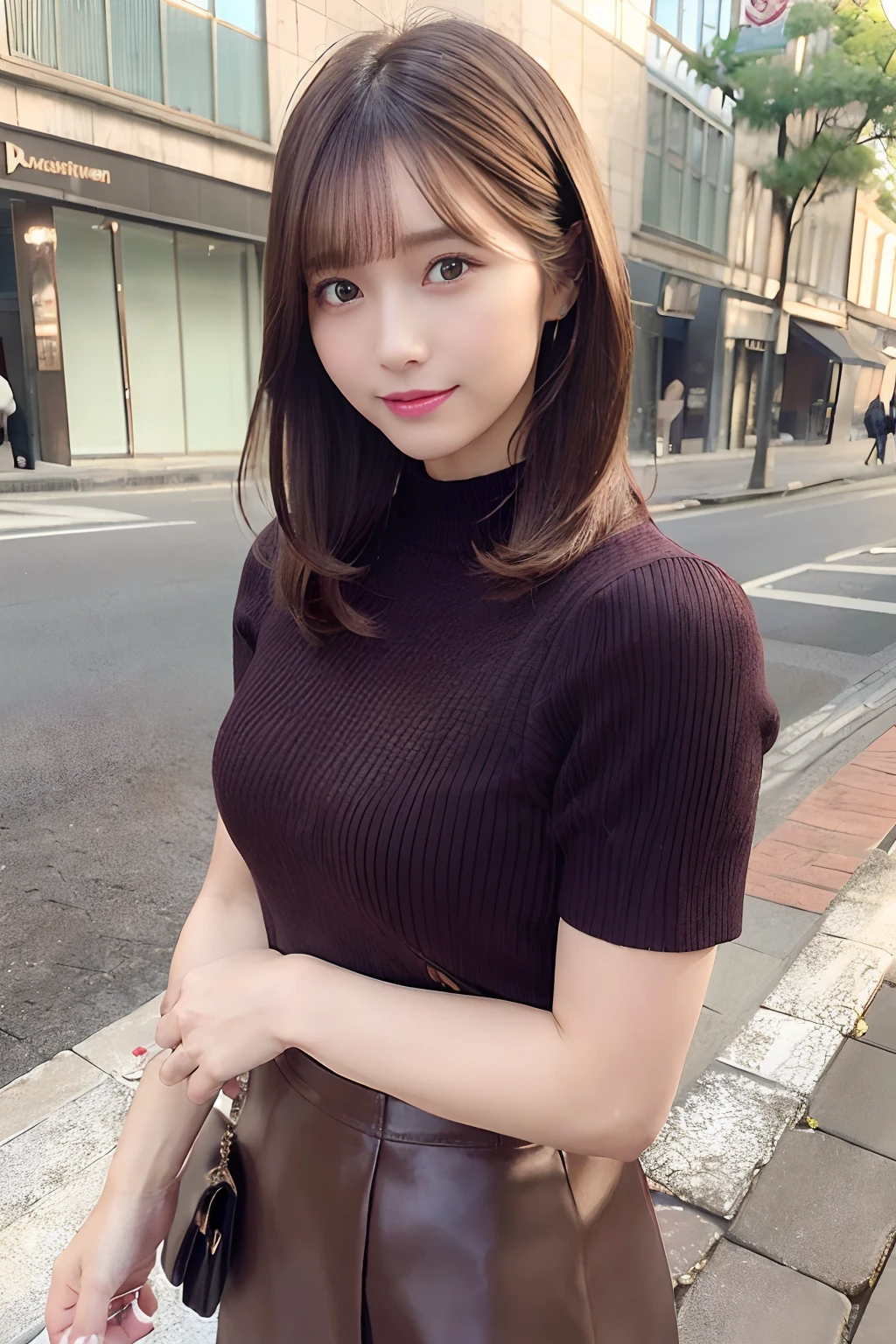 (Best Quality), masutepiece, (photographrealistic:1.4641), The 8k quality, 1 beautiful woman, (Full body:1.21), dark brown hair, Short hair, front, Detailed face, Beautiful eyes, Looking at Viewer, Laugh, light-colored blouse、Beautiful skirt、walking on street, 22year old、full body Esbian、Angle of pull、