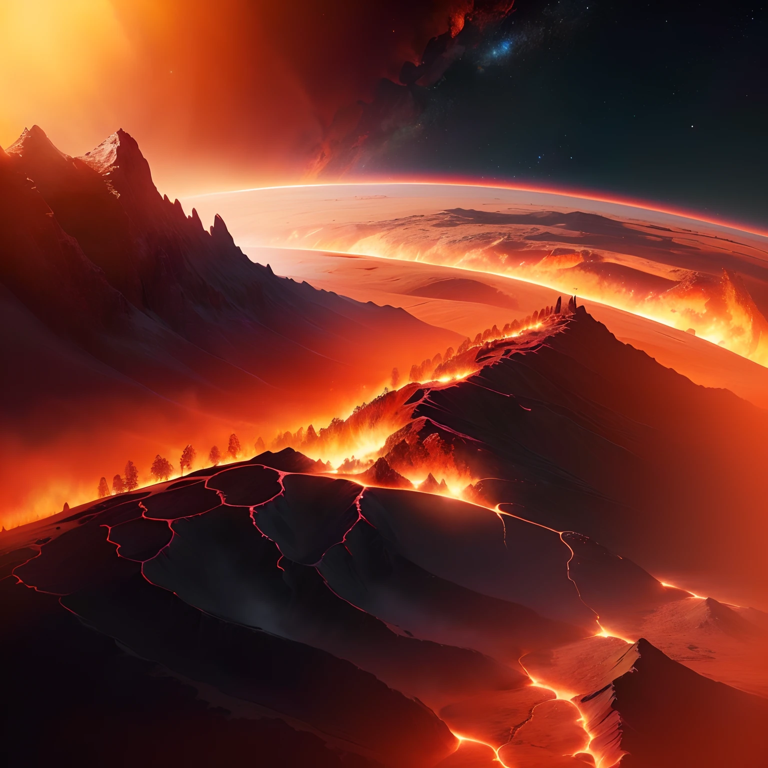 A closeup of a mountain with a trail of fire in the sky, the planet is warm with canyons, Correntes vermelhas brilhantes de lava, estrada gelada em um planeta de lava, Amazing alien landscape, stunning alien landscape, paisagem de fantasia impressionante, beautiful alien landscape, landscape of an alien world, correntes de lava quente e incandescente, bela paisagem de lava, paisagem do exoplaneta, volcano landscape