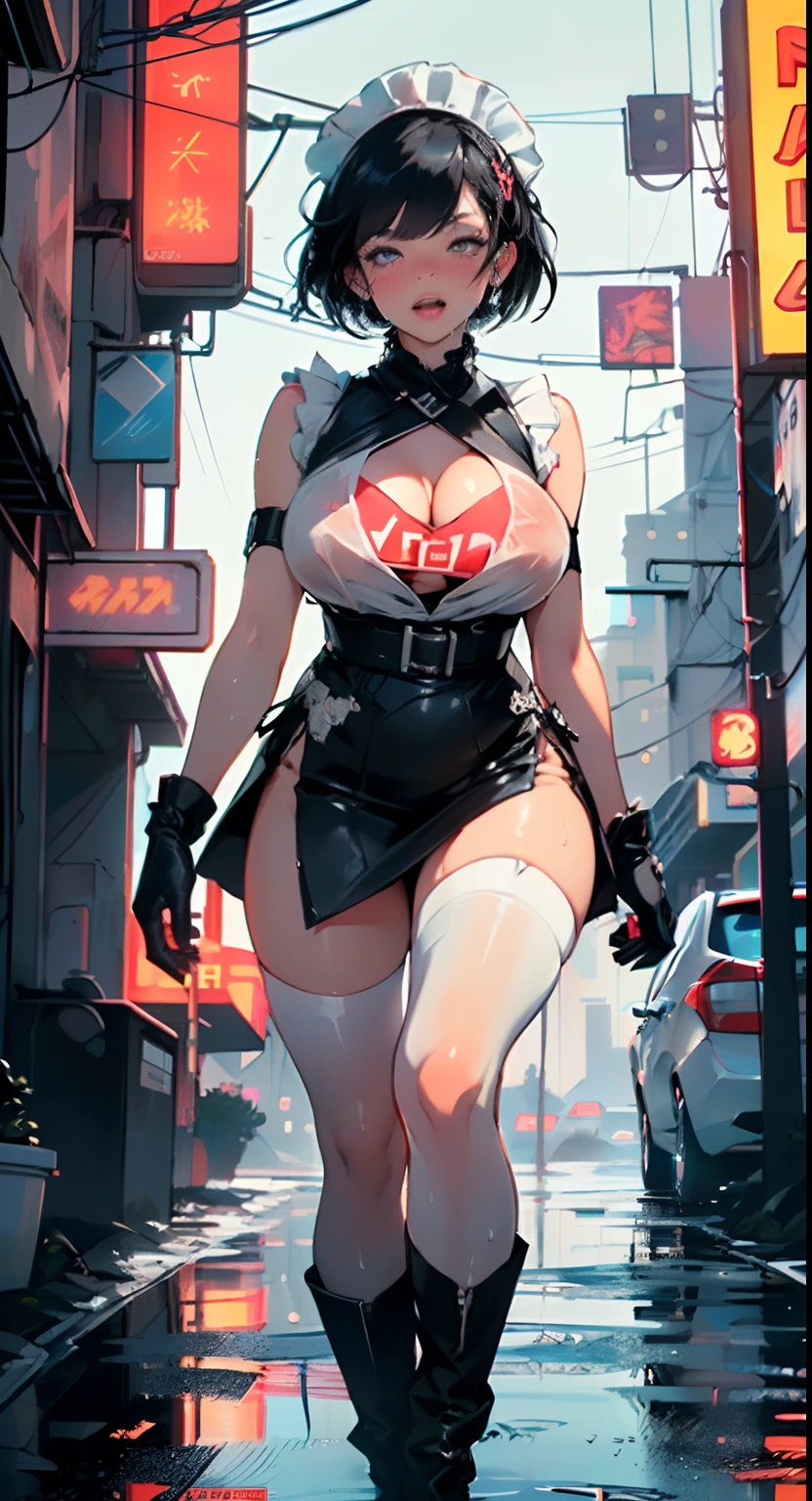 maid girl,(((1girl))),((maid girl with extremely cute and beautiful black hair)),
(large breasts:1.4),bountiful breasts,fluffy breasts,H cup bust,bust up,bulging bust top,(((black bob hair:1.35,colored inner hair,short hair,ear breathing))),((heterochromia:1.5,eye1 blue,eye2 purple,perfect eyes,upturned eyes:1.3,beautiful detailed eyes,finely detailed beautiful eyes:1,big highlight on eyes:1.2,slanted eyes)),((fat)),(((lustrous skin:1.5,bright skin: 1.5,skin tanned,shiny skin,very shiny skin,shiny body,plastic glitter skin,exaggerated shiny skin,illuminated skin,wet legs))),(spider lower abdomen,narrow waist,wide hip,athletic body,inflated legs,delicate detailed fingers,detailed body,human hands,(detailed face)),
cute,slutty,seductive,erotic,(((nsfw))),
zettai ryouiki,(maid headdress),maid uniform,Headdress,(maid),sleeveless,mini skirt,boots,cleavage cutout,bare legs,clothes with a lot of lace frills,((wet clothes,detailed outfit,detailed clothes)),
(dynamic pose:1.0),solo focus,embarrassed,blush,sweat,((tears,open mouth)),moist eyes,(centered,scale to fit dimensions,Rule of thirds),
((((cyberpunk city by the ocean,huge buildings,neon signs,puddles)))),stormy sky,threatening sky,dark clouds,((synthwave background theme,detailed background : 1.25)),((((night,nice lighting decorations,detailed architecture)))),
(best quality,high resolution,sharp focus,ultra detailed,extremely detailed,extremely high quality artwork,(realistic,photorealistic:1.37),8k_wallpaper,(extremely detailed CG 8k),(very fine 8K CG),((hyper super ultra detailed perfect piece)),flawless,(((masterpiece))),illustration,vibrant colors,(intricate),High contrast,Selective lighting,Double exposure,HDR (High Dynamic Range),Post-processing,Background blur,