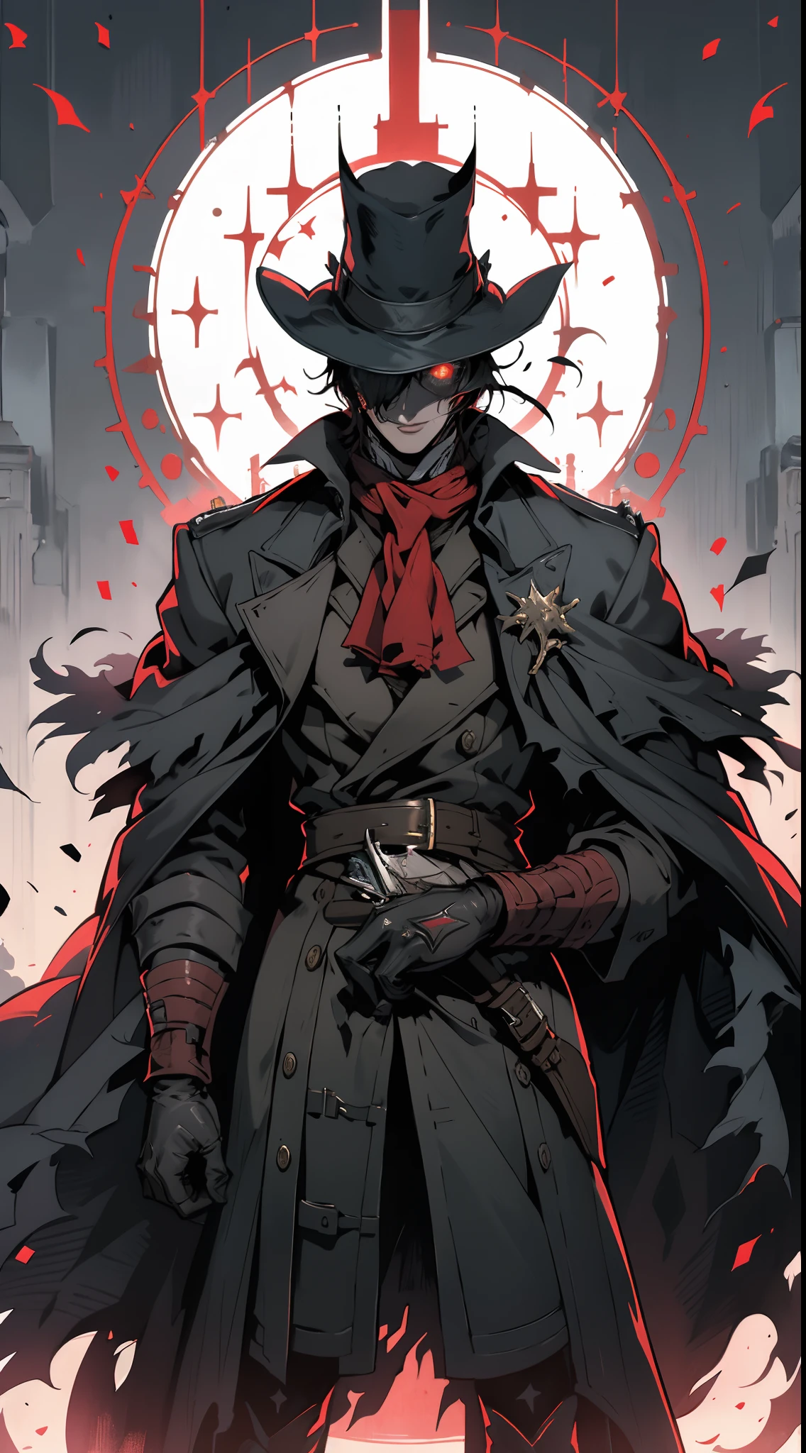 Estilo Hellsing, ultra-detalhado, alta resolução, detalhes intrincados, (melhor qualidade: 1.2), (obra-prima: 1.2), papel de parede 8k extremamente detalhado da unidade CG, illustration, Original, RPG illustration of a man in black coat and red shirt, casaco longo preto e vermelho de corpo inteiro, ((vestindo manto aristocrata)), insane man, rosto redondo, queixo oval, circular lenses, Olhos vermelhos, Olhos do Diabo, Sorriso doentio, short black hair, single character full body, full length illustration, !!retrato de corpo inteiro!!, inspirado em ezra miller, Chega de Heroes Concept Art, Traje real de longo, retrato de corpo inteiro