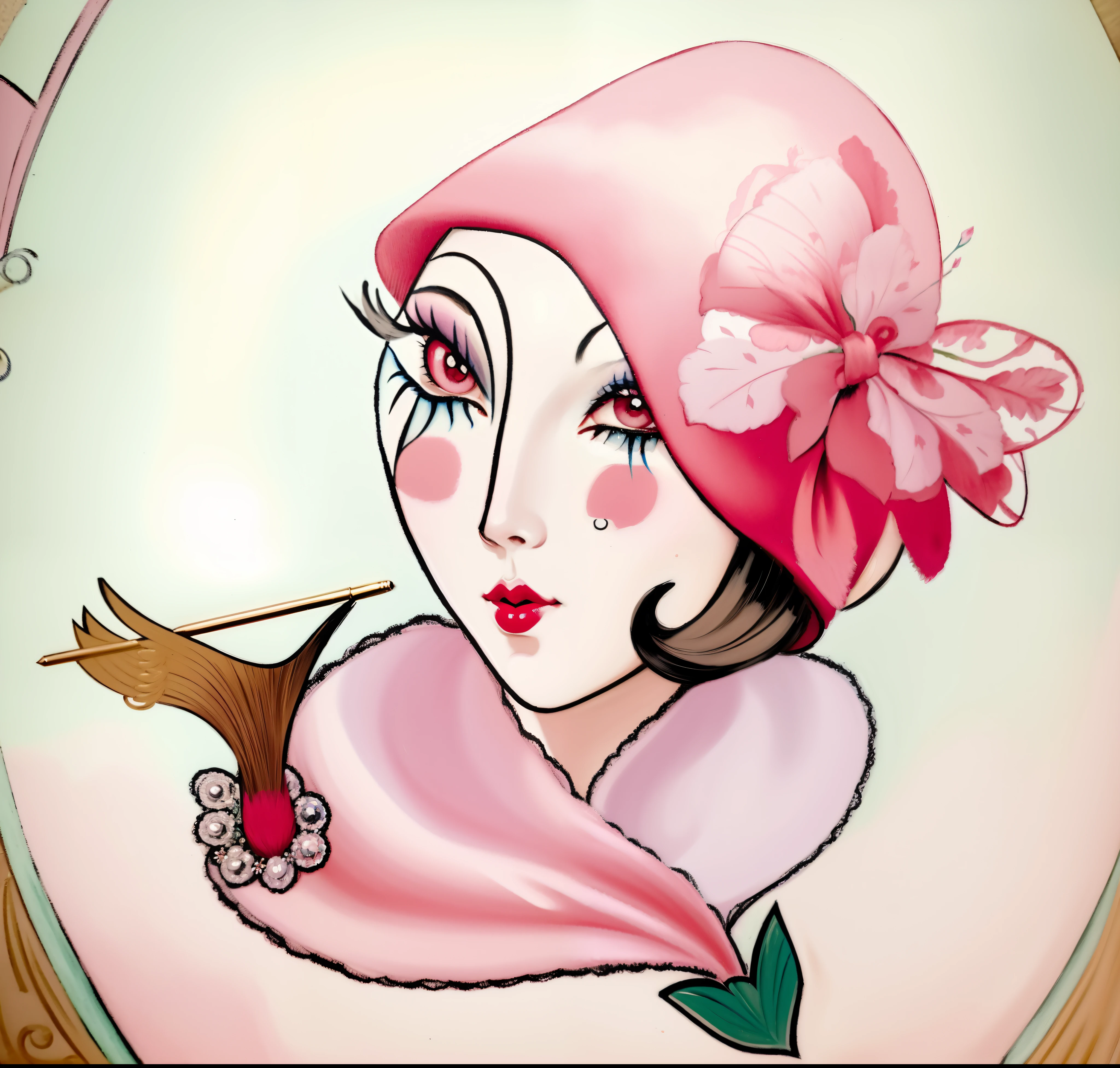 Painting of a woman with a red hat and a pink scarf, inspirado em Penny Patricia Poppycock, inspirado em Louis Anquetin, inspirado em Gerda Wegener, art deco painting, inspirado em Mab Graves, pintura estilizada, inspirado em Marcelle Bergerol, inspirado em Yvonne Jacquette, inspirado em Eileen Aldridge, inspirado em George Barbier