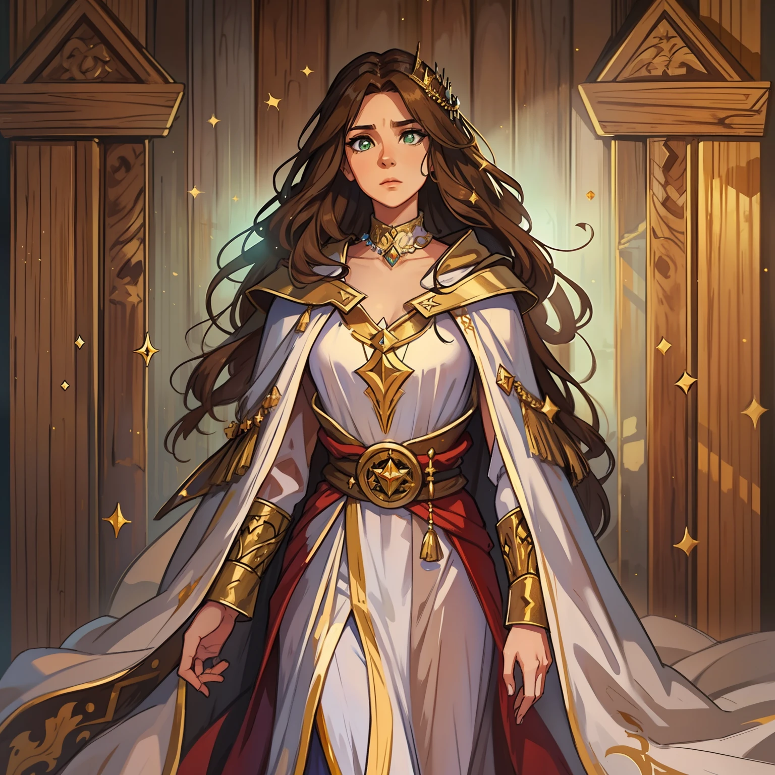 A beautiful woman with green eyes and brown hair she is a sorceress Wizard wearing white and gold robes Noble robes A princess of magic and a tired look, ela esta bebada. ((Corada)) dramatic wooden wall background An art for an RPG A medieval art for RPG