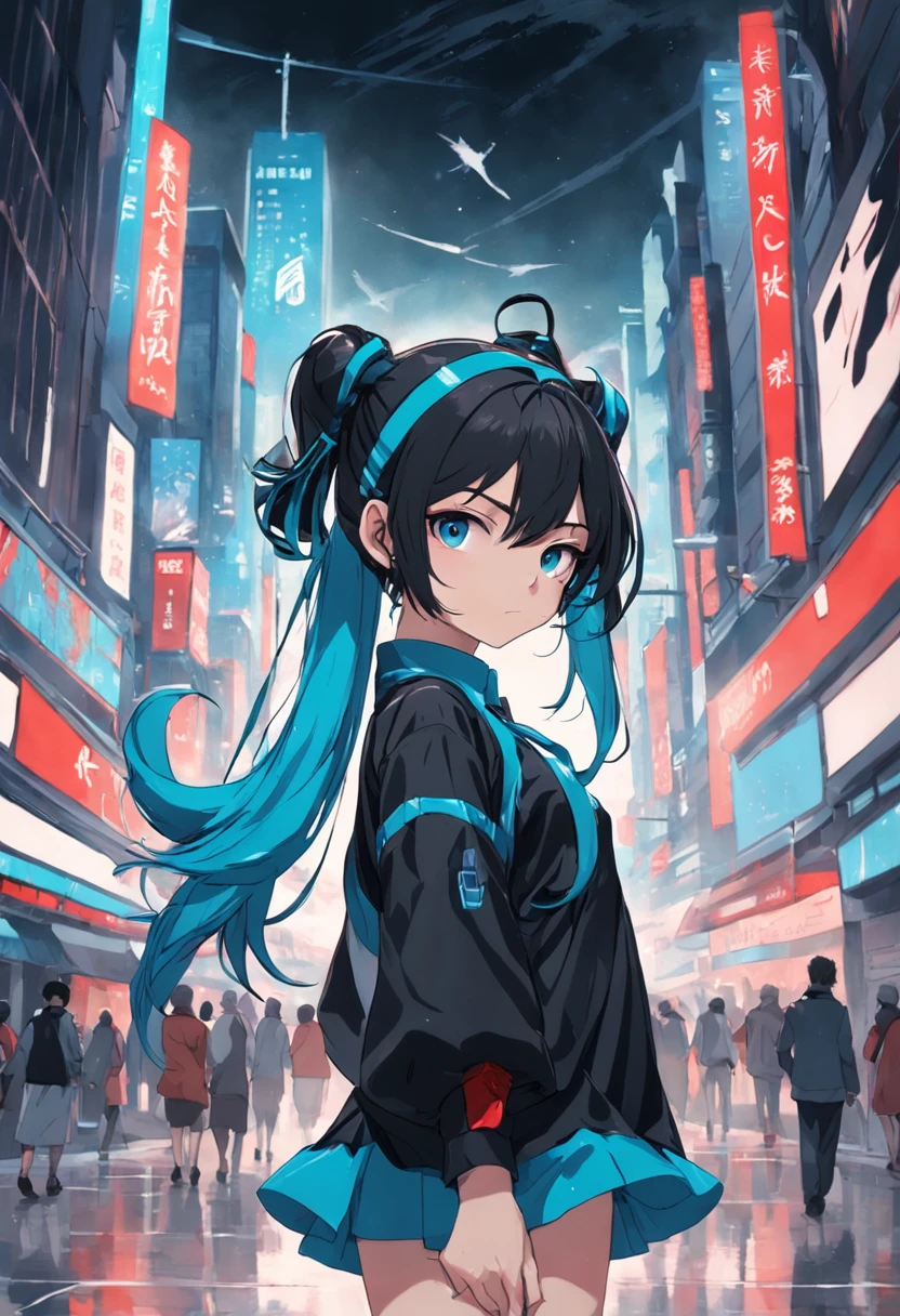 teens girl，Black headphone headband，Pale green double ponytail，Height 165，White and blue futuristic style outfits，a blue tie，Black sleeves，Black leg dress，blacksilk，Left arm"01"Red logo tattoo