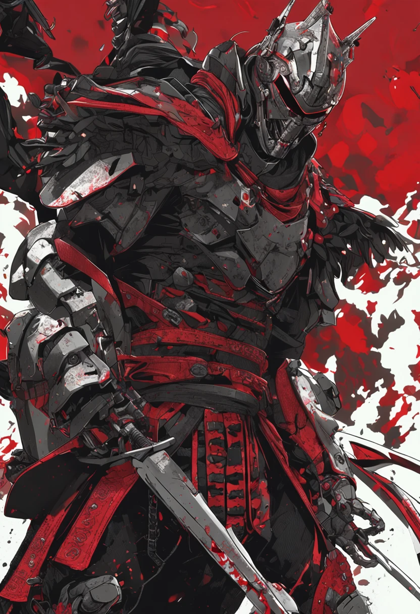 samurai com roupa escura, componentes de robo, com uma espada brilhando vermelho, de frente, fundo preto, realista,