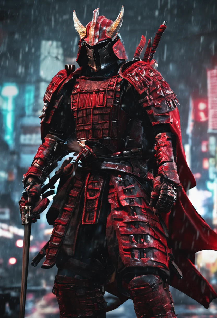 samurai com roupa escura, componentes de robo, com uma espada brilhando vermelho, de frente, fundo preto, realista,