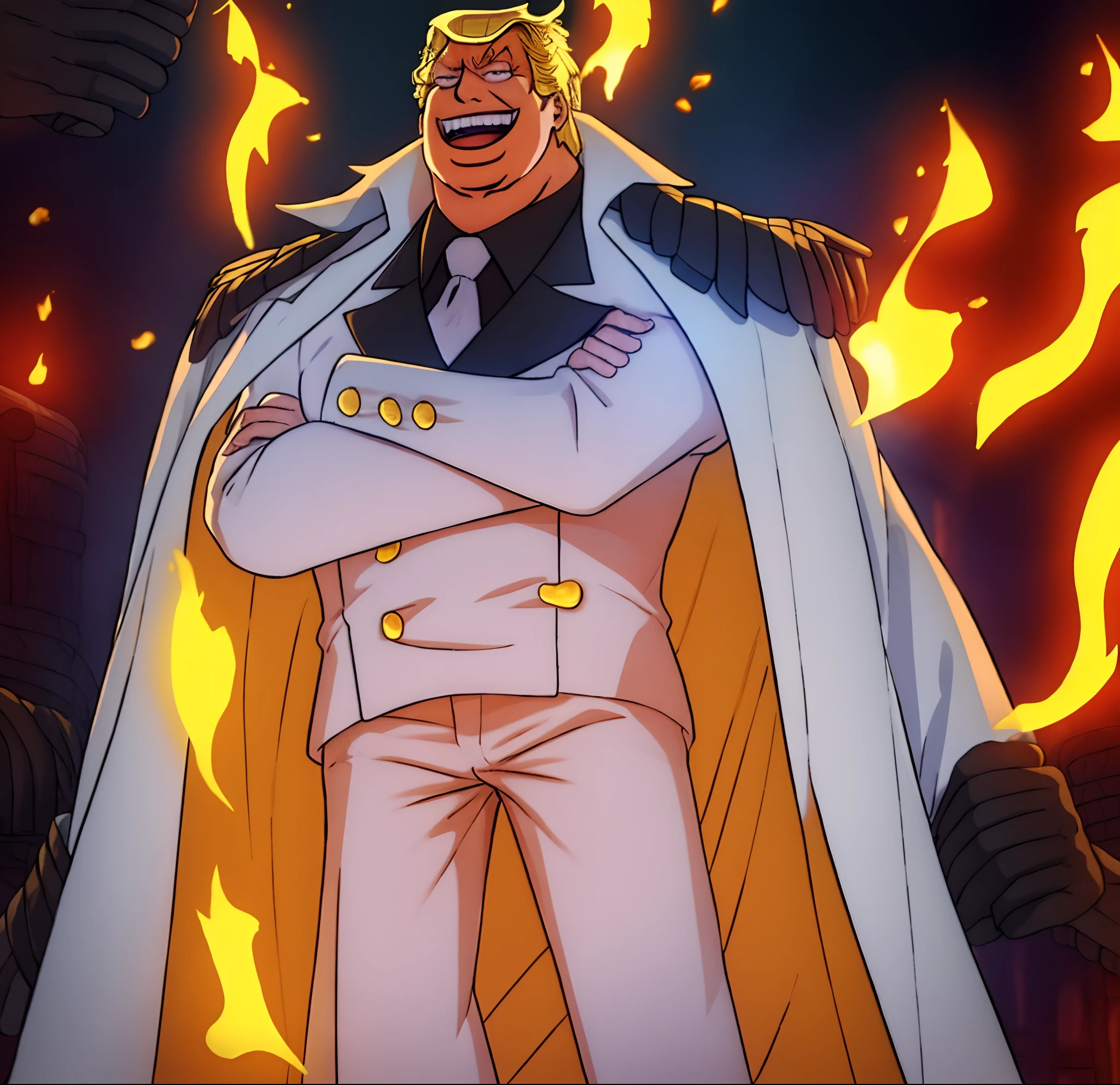 1boy, wanostyle, donald trump, evil smile, blond hair, looking at viewer, solo, upper body, ((masterpiece)), (best quality), (extremely detailed), depth of field, sketch, dark intense shadows, sharp focus, soft lighting, hdr, colorful, good composition, fire all around, spectacular, white suit, anime screencap, ready to fight, black eyes