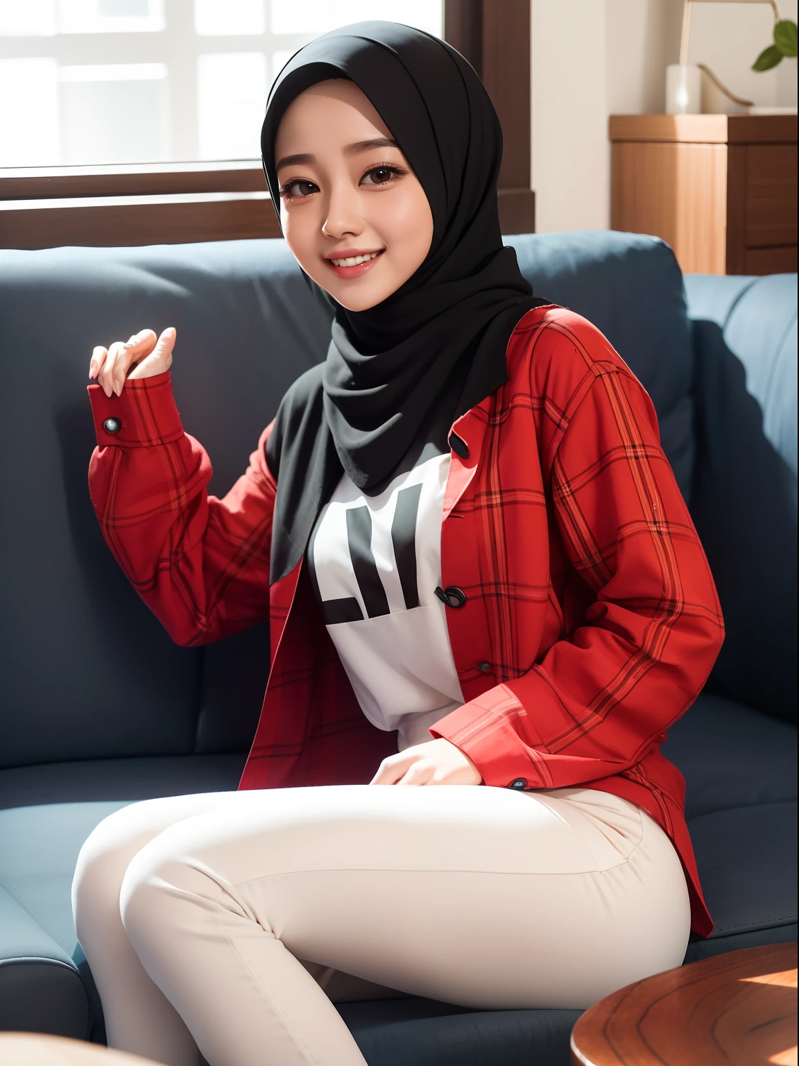 arafed woman sitting on a couch wearing a plaid shirt, malay, hijab, (mira filzah:1.2), dilraba dilmurat, lalisa manobal, tzuyu from twice, beautiful image, cute beautiful, cai xukun, malay girl, lovely smile, slight cute smile, beautiful cute, cute girl, inspired by Ma Yuanyu, charming smile