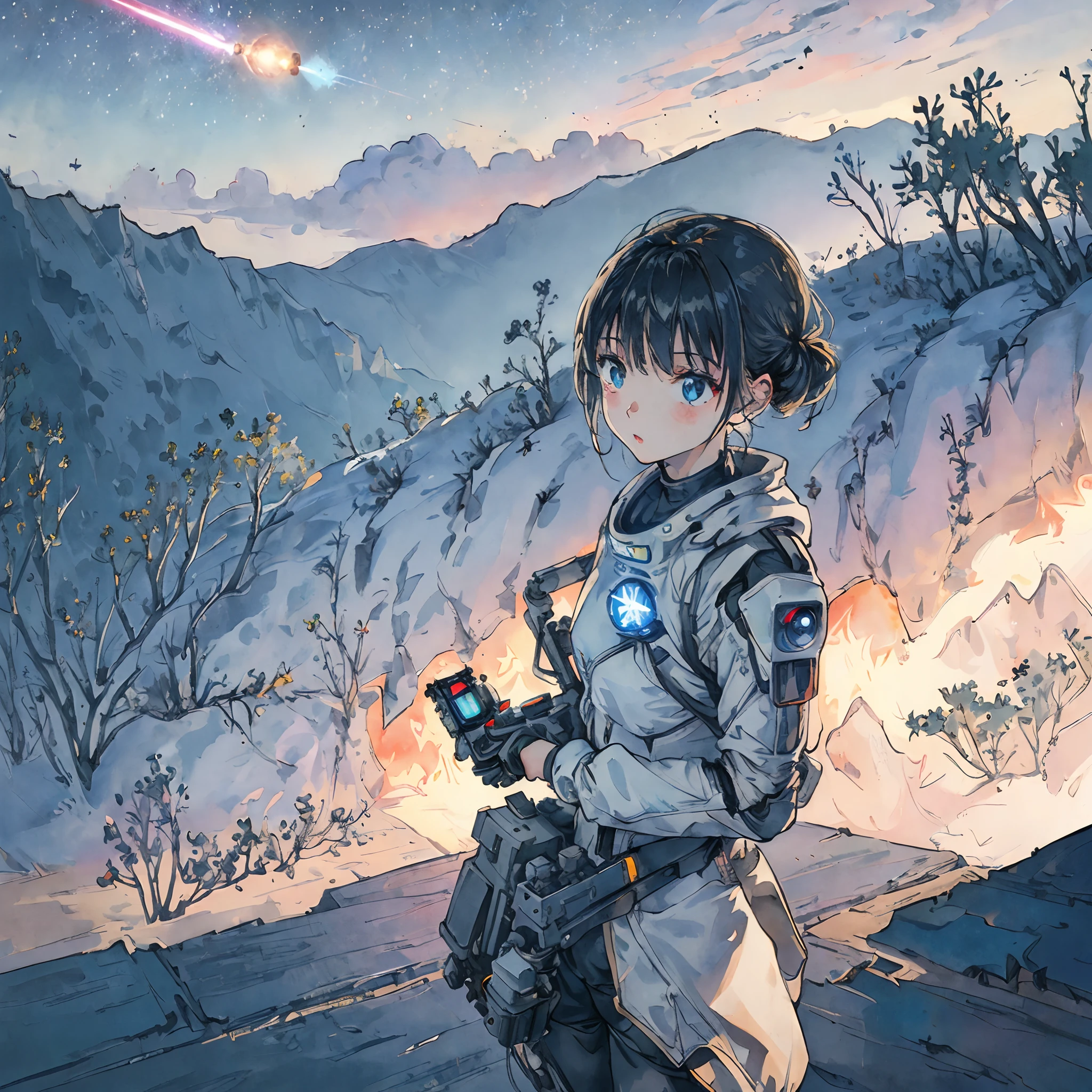 best quality, masterpiece, extremely detailed, detailed background, sci-fi, (1girl holding laser rifle, exoskeleton, hi-tech suit), outdoors, space, spaceship, explosions, lasers ,landscape, scenery, panorama, science fiction, solo focus, close up, depth of field, bokeh, atmospheric lighting, hi-tech, colorful stars