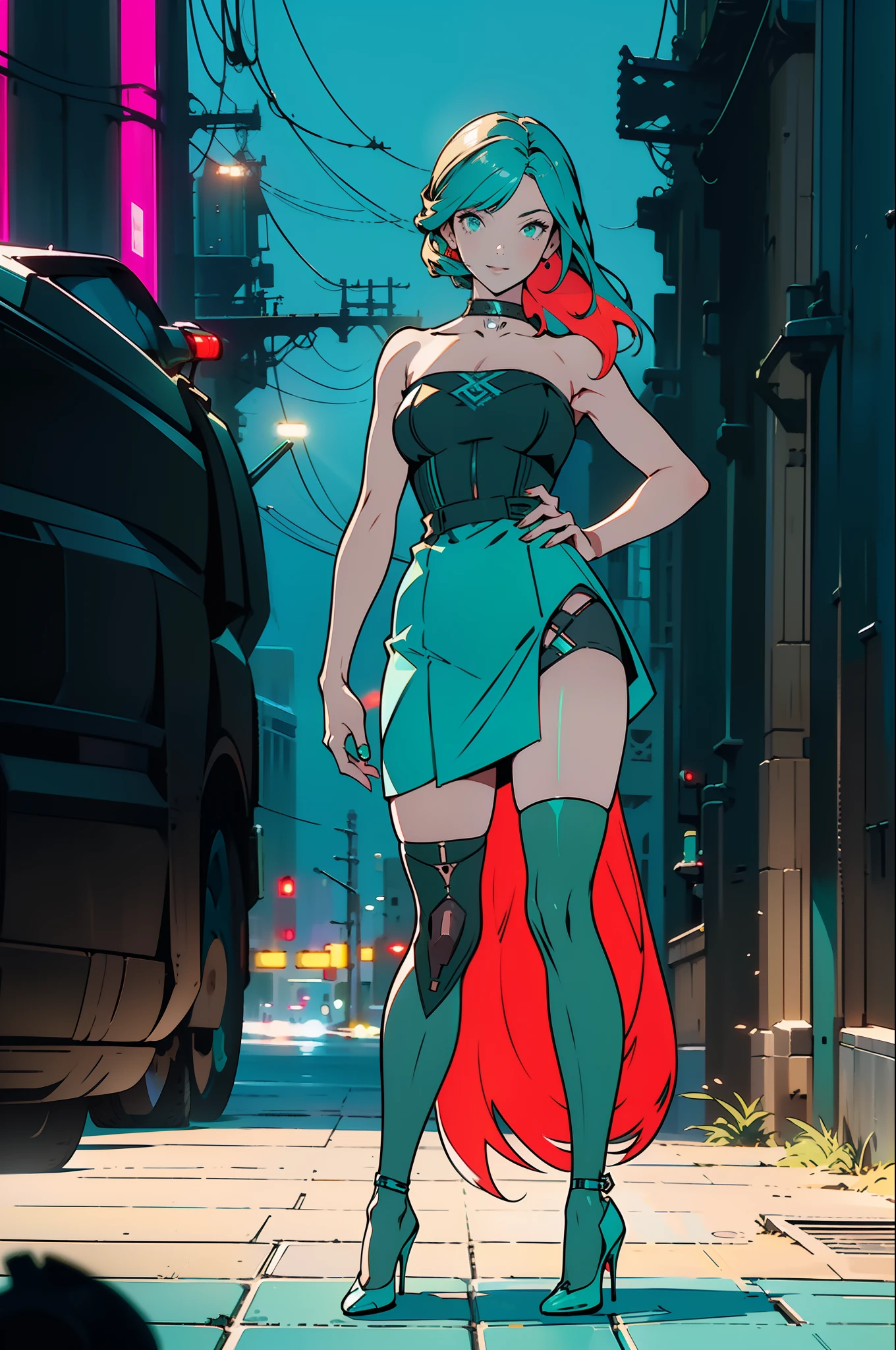 ((Best Quality)), ((Masterpiece)), ((Realistic)) 19 year old, redhead girl, shoulder length hair, relaxed happy face ((slender)) (busty) ((long legs)) ((high heels)) ((( dark turquoise bodycon strapless dress ))) ((( mini skirt ))) ((sexy )) cyberpunk attire, textured pixie haircut , full shot. beautiful face,