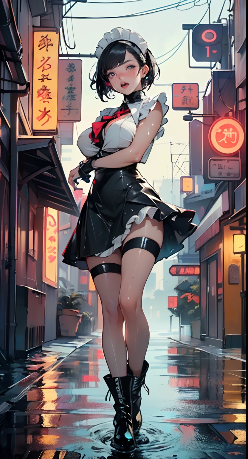 maid girl,(((1girl))),((anime maid girl with extremely cute and beautiful black hair walking seductively down the street)),
(large breasts:1.4),bountiful breasts,fluffy breasts,H cup bust,bust up,bulging bust top,(((black bob hair:1.35,colored inner hair,short hair,ear breathing))),((heterochromia,eye1 blue,eye2 purple,perfect eyes,upturned eyes:1.3,beautiful detailed eyes,finely detailed beautiful eyes:1,big highlight on eyes:1.2,slanted eyes)),((fat)),(((lustrous skin:1.5,bright skin: 1.5,skin tanned,shiny skin,very shiny skin,shiny body,plastic glitter skin,exaggerated shiny skin))),(spider lower abdomen,narrow waist,wide hip,athletic body,inflated legs,delicate detailed fingers,detailed body,detailed arms,human hands,(detailed face)),
cute,slutty,seductive,erotic,(((nsfw))),
zettai ryouiki,(maid headdress),maid uniform,Headdress,(maid),sleeveless,mini skirt,boots,cleavage cutout,bare legs,clothes with a lot of lace frills,(detailed outfit,detailed clothes),
(dynamic pose:1.0),solo focus,embarrassed,blush,sweat,((tears,open mouth)),moist eyes,centered,scale to fit dimensions,Rule of thirds,
outdoors,((night view)),(very pretty city neon synthwave,cyberpunk night street Background:1.5,dark sky,thick clouds),future vehicles,((neon lights)),thick clouds,(cyberpunk style,neon lights, (synthwave theme background), lonely street),(((detailed background:1.25))),
(best quality),(high resolution),(sharp focus),(ultra detailed),(extremely detailed),(extremely high quality artwork),8k_wallpaper,(extremely detailed CG 8k),(very fine 8K CG),((hyper super ultra detailed perfect piece)),flawless,(((masterpiece))),illustration,vibrant colors,(intricate),High contrast,Selective lighting,Double exposure,HDR (High Dynamic Range),Post-processing,Background blur,