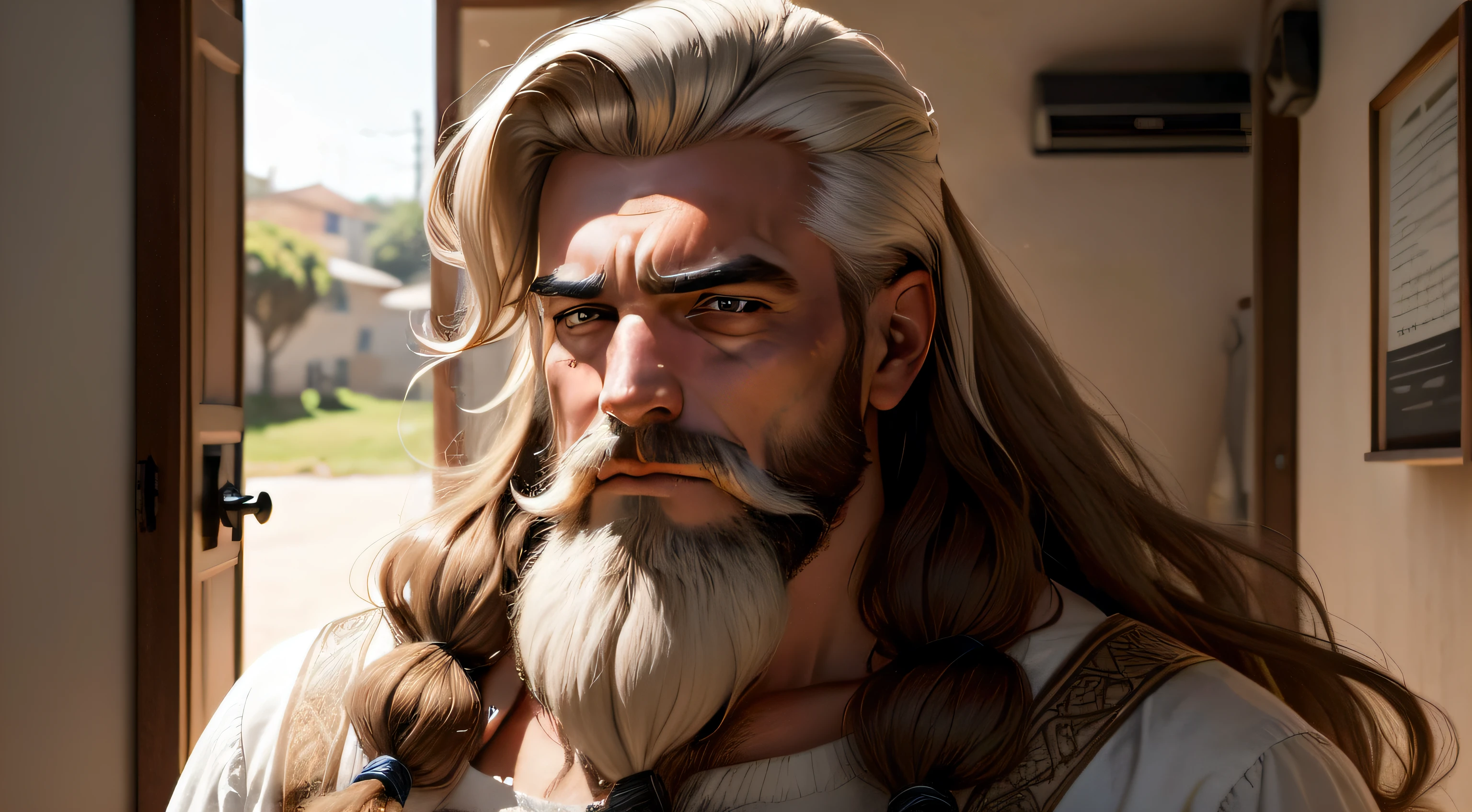 Homem de cabelo e barba escuros no campo um vilarejo lindo e ao seu lado direito o filho adolecente 11 s de cabelo dourado com cara triste