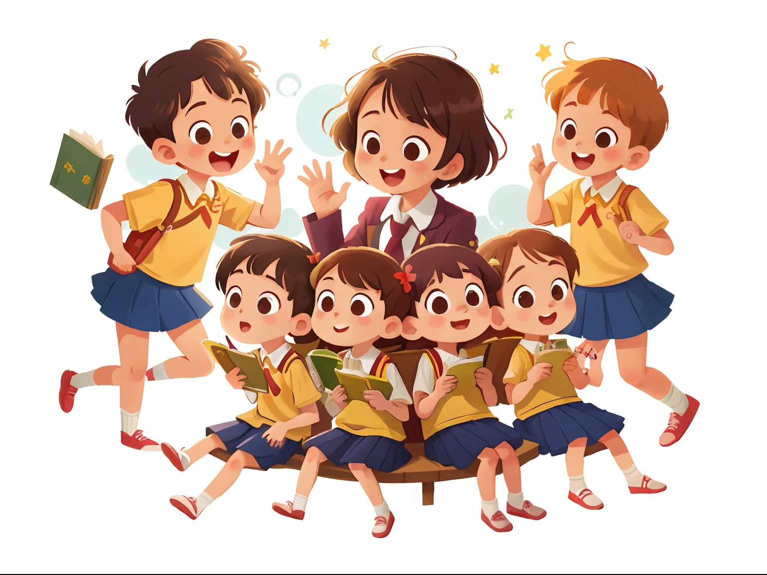 illustration, masterpiece, best quality, School teacher with several students (girls and boys)
sitting side by side, They wave at us, in school uniform, from opposite, Happy, full body, in the style of reb book charecter, charecter sheet, white background, adjective + object, character sheet, children book character, white background, white background, looking at viewer, short hair,
