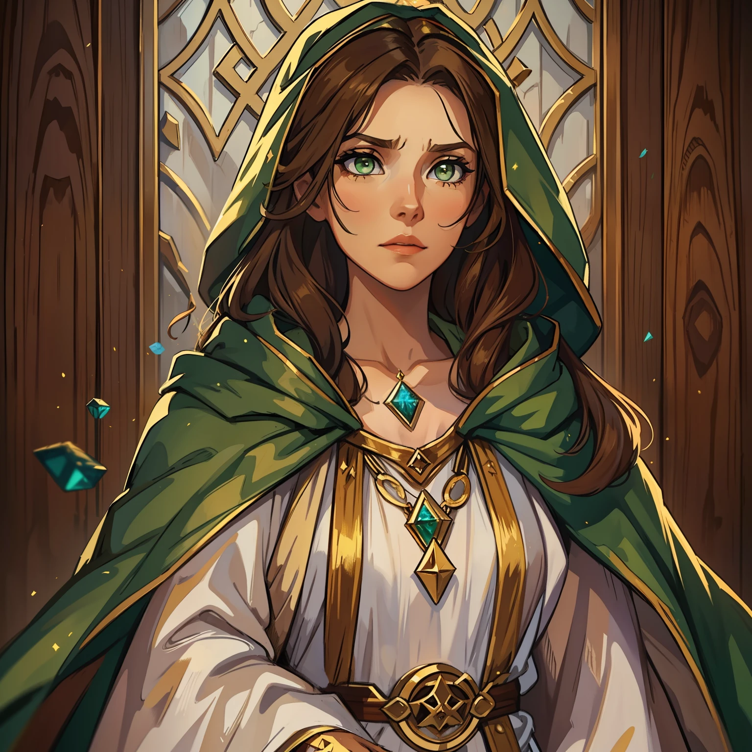 A beautiful woman with green eyes and brown hair she is a sorceress Wizard wearing white and gold robes Noble robes A princess of magic and a tired look, ela esta bebada. ((Corada)) dramatic wooden wall background An art for an RPG A medieval art for RPG