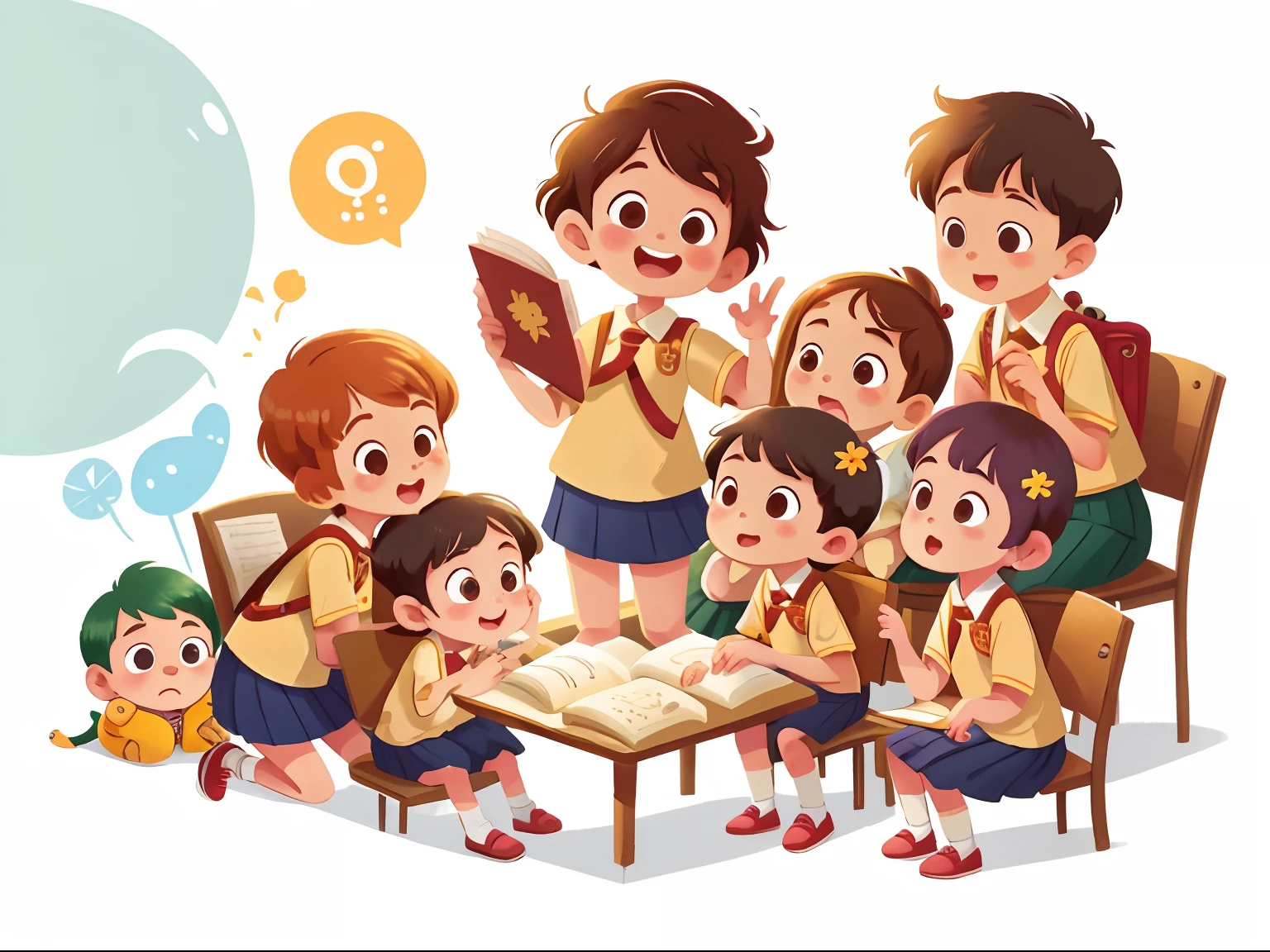 illustration, masterpiece, best quality, School teacher with several students (girls and boys)
sitting side by side,  They wave at us, in school uniform, from opposite, Happy, full body, in the style of reb book charecter, charecter sheet, white background, adjective + object, character sheet, children book character, white background, white background, looking at viewer, short hair,