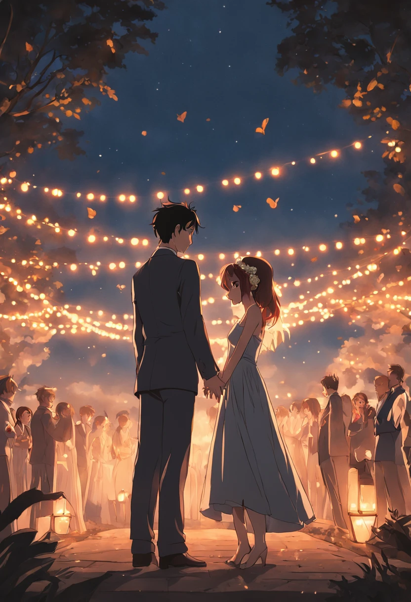 "A captivating midnight backyard photoshoot of a married couple amidst a beautifully adorned wedding party, featuring hyperrealistic details and the vintage charm of a Nixon camera."